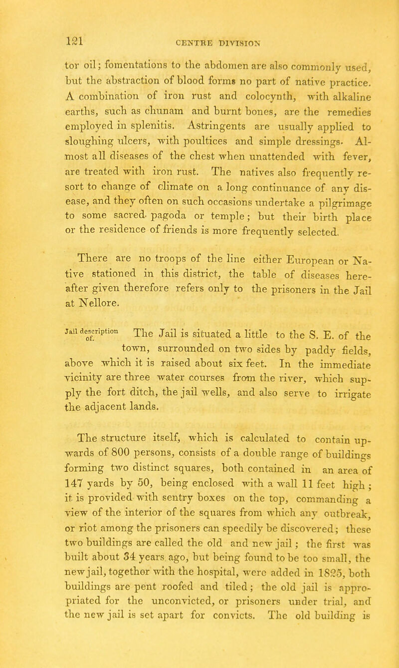 tor oil; fomentations to the abdomen are also commonly used, bnt the abstraction of blood forms no part of native practice. A combination of iron rust and colocynth, M-ith alkaline earths, such as chunam and burnt bones, are the remedies employed in splenitis. Astringents are usually applied to sloughing ulcers, with poultices and simple dressings. Al- most all diseases of the chest when unattended with fever, are treated with iron rust. The natives also frequently re- sort to change of climate on a long continuance of any dis- ease, and they often on such occasions undertake a pilgrimage to some sacred, pagoda or temple; but their birth place or the residence of friends is more frequently selected, There are no troops of the line either European or Na- tive stationed in this district, the table of diseases here- after given therefore refers only to the prisoners in the Jail at Nellore. Jail despription ^he Jail is situated a little to the S. E. of the town, surrounded on two sides by paddy fields, above which it is raised about six feet. In the immediate vicinity are three water courses from the river, which sup- ply the fort ditch, the jail wells, and also serve to irrigate the adjacent lands. The structure itself, which is calculated to contain up- wards of 800 persons, consists of a double range of buildings forming two distinct squares, both contained in an ai-ea of 147 yards by 50, being enclosed -with a wall 11 feet high ; it is provided with sentry boxes on the top, commanding a view of the interior of the squares from which any outbreak, or riot among the prisoners can speedily be discovered; these two buildings are called the old and new jail; the first was built about 34 years ago, but being found to be too small, the new jail, together with the hospital, were added in 1835, both buildings are pent roofed and tiled; the old jail is appro- priated for the unconvicted, or prisoners under trial, and the new jail is set apart for convicts. The old building is