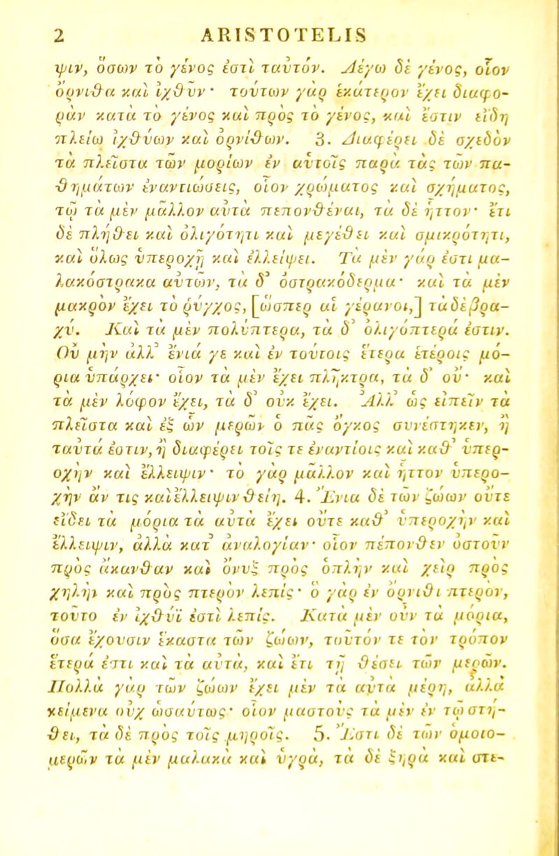 ψιν, όσων το γίνος έατί ταύτόν. Λέγω δι γίνος, οίον Όρνι&α -/.αϊ ιχϋνν τούτων γαρ εχάτερον εχει διαηο- ράν κατά το γίνος και προς το γένος, καΙ ϊστιν εϊδη ιτλείω ιχθύων χαϊ ορνί&ων. 3· Λιάφέοίΐ δέ σχεδόν τα πλείστα των μορίων έν ανιοΐς παρά τάς των πα- θημάτων εναντιωθείς, οίον χρώματος και σχήματος, τω τα μεν μάλλον αυτά πεπονϋέναι, τα δε ήττον έτι δε πλήθει καΐ όλιγότητι καΐ μεγίϋιι και αμικρότητι, ν.αϊ όλως νπεροχη και ελλείψει. Τα μεν γάρ έστι μα- λακόστρακα αντων. τα <5' οστρακόδερμα· χαϊ τα μεν μαχρον εχει το ρύγχος, [ώσπίςι αι γερανοί,^ τάδεβρα- χν. ΚαΙ τα μεν πολυπτερα, τα δ ολιγόπτερα έστιν. Ον μην αλλ ενιά γε και έν τονιοις ειερα έτέροις μό- ρια νπάρχεί' οίον τα μεν εχει πλήκτρα, τα <5' ον· χαϊ τα μεν λόψον ί'χει, τα <5' ουκ εχει. Άλκ ως είπίϊν τα πλείστα χαϊ έζ ών μέρων ό πας όγχος οννίστηκεν, η ταντά έοτιν, η διαφίρπ τοίς τε έναντίοις χαϊ χαϋ^ νπερ- οχην και ελλειψιν το γαρ μάλλον χαϊ ήττον νπερο- χήν αν τις καίελλειψιν3είη. 4. Ένια δε των ζωών οντε ιΊδει τα μόρια τά αυτά εχεί οντε χα&' νπεροχήν χαϊ ελλειψιν, άλλα κατ άναλογίαν οίον πίπονΟεν οατονν προς αχανδαν κ«» όννξ προς όπλψ' χαϊ χι)ρ προς χν,λϊμ χαϊ προς πτερον λεπίς· Ό γάρ έν υρνιϋι πτερον, τοντο έν ιχ&ν'ί έστι. λεπίς. Κατα μεν ονν τα μόρια, οσα εχονοιν έκαστα των ζω ων, τουτόν τε τον τρόπον έτερα £7Τί χαϊ τά αυτά, χαι έτι τη &έσει των μεοών. Ιίολλά γάρ των ζώων εχει μεν τά αντα μέρη, αλλα κείμενα ονχ ωσαύτως ο'ιον μαστούς τά μεν έν τοιστη- ■Οει., τά δε προς τυΐς μηρο'ίς. 5· 1:.στι δε των ομοιο- αερων τα μεν μαλακά καΐ νγρά, τα δί ζ',ρα χαϊ στι-