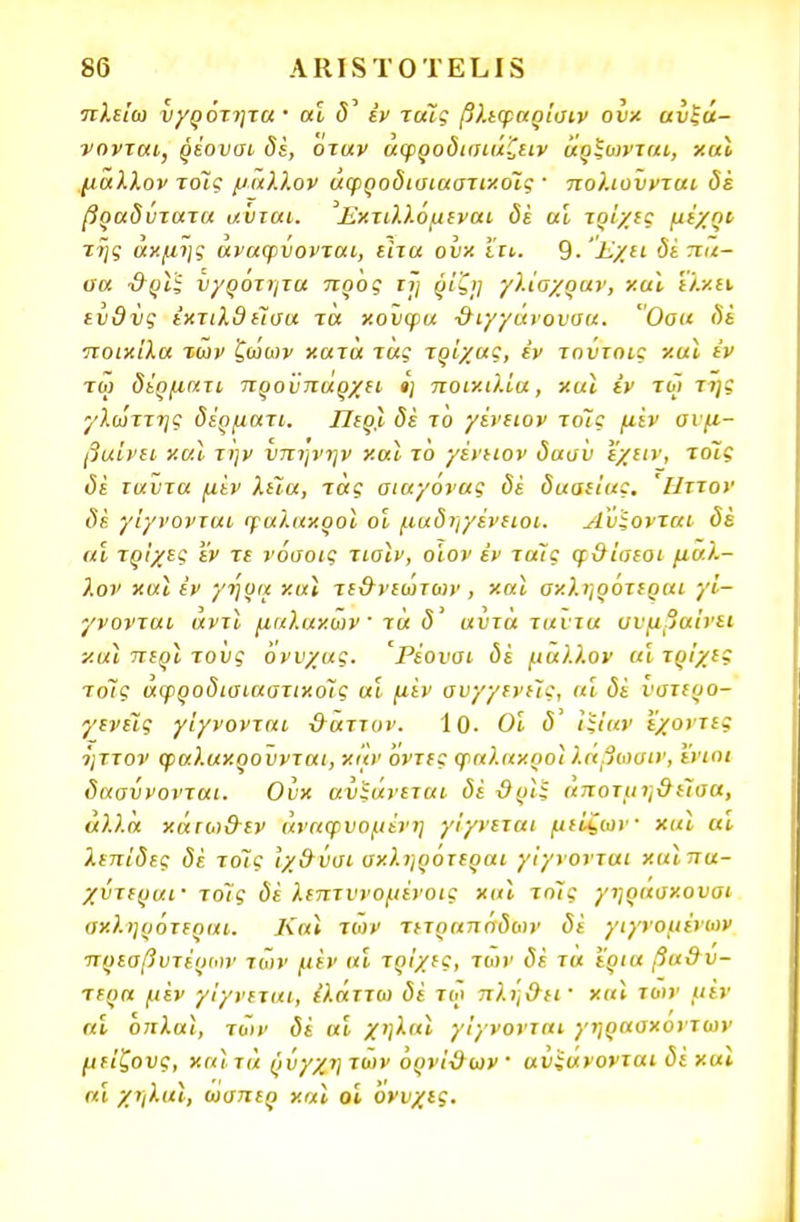 πλείω υγρότητα · αί <5' έν τοις βλεφαρίσιν ουκ αυξά- νονται, ρέουσι δέ, όταν άφροδισιάζειν άρξωνται, χαϊ μάλλον το~ις μάλλον άφροδισιαστικοΊς 1 πολιουνται δέ βραδύτατα αύται. 'Σχτιλλόμεναι δε αϊ τρίχες μέχρι της άκμης αναφύονται, είτα ουκ ϊτι. 9· 'Έχει δέ πά- σα ·&ρϊξ ύγροτητα προς τι] ςίζη γλίαχραν, και έλκει εύθνς εκτιλθ εΊοα τά κούφα -&ιγγάνουσα. Οσα δέ ■ποικίλα των ζώων κατά τάς τρίχας, εν τούτοις και εν τω δέρματι προϋπάρχει η ποικιλία, και εν τω της γλώττης δέρματι. Περί δέ το γένειον τοις μεν αιμ- βαίνει και την ύπήνην καϊ το γένειον δασύ εχειν, τοις δέ ταντα μεν λεία, τας σιαγόνας δέ δασείας. Ήττον δέ γίγνονται φαλακροί οι μαδηγένειοι. Λυξονται δέ αί τρίχες εν τε νόσοις τιαίν, οίον έν ταϊς φ&ίσεοι μάλ- λον και έν γηρα και τε&νεώτο»1, και σκληρότεραι γί- γνονται άντι μαλακών τά <5' αυτά ταντα συμβαίνει και περί τούς όνυχας. Ρέονσι δέ μάλλον αί τρίχες το~ις αφροδισιαστικοίς αί μεν συγγενείς, αί δέ ύστιρο- γενέϊς γίγνονται &αττον. 10. Οι δ' ίξίαν έχοντες ήττον φαλακρουνται, καν Όντες φαλακροί λαβωσιν, ενιοι δασύνονται. Ουκ αυξάνεται δέ ϋριξ αποτμη&είσα, άλλα κάτω&εν αναφυόμενη γίγνεται μείζων και αί λεπίδες δέ τοΊς Ίχ&ύσι σκληρότεραι γίγνονται καιπα- χντεραι· τοις δέ λεπτυνομένοις καϊ τοΊς γηρασκουαι σκληρότεραι. Καϊ των τετραπόδων δέ γιγνομένων πρεσβυτέρων των μεν αί τρίχες, των δέ τα ερια βαθύ- τερα μεν γίγνεται, (λάττω δέ τω πλή&ει· και των μέν αί 07ΐλαι, των δέ αί χηλαϊ γίγνονται γηραοκοντων μείζονς, καϊ τά ρύγχη των όρνίΰων ' αυξάνονται δε καϊ αί χηλαι, ωσπερ καϊ οί όνυχες.