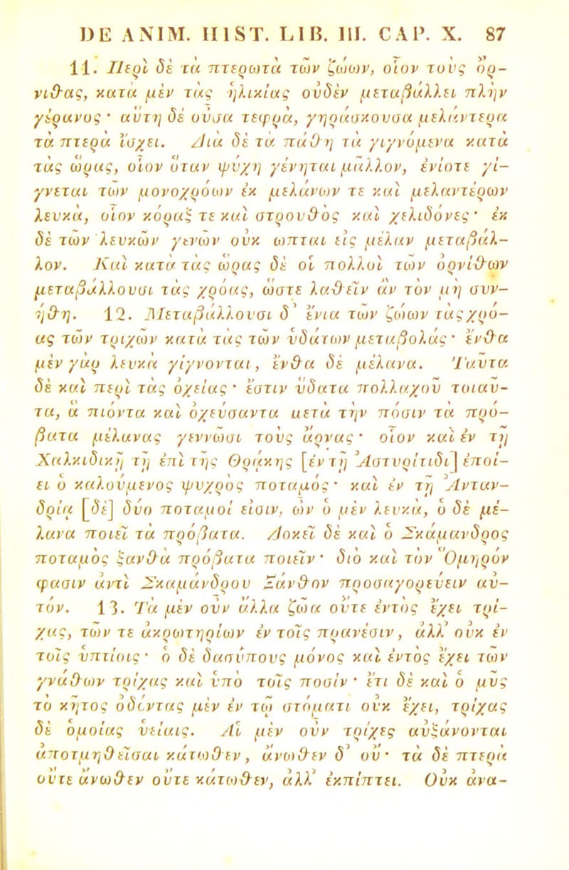 11. υιρϊ δέ τα πτερωτά των ζώων, ο'ιον τυνς όρ- νι&ας, χατα μέν τάς ηλικίας ουδέν μεταβάλλει πλην γέρανος · αύτηδέ ούσα τέφρα, γηράσκουσα μελαντερα τάπτερά ΐσχει. Αια δε τά. πάθη τά γιγνόμενα κατά τάς ώρας, οίον όταν ψύχη γίνηται μάλλον, ενίοτε γί- γνεται των μονοχροων έκ μελάνων τε και μελαντέρων λευκά, οίον κόραϊ τε χαϊ ατρουθος και χελιδόνες· έκ δέ των λευκών νάνων ουκ ωπται εις μέλαν μεταβαλ- λον. Και κατά τα; ωρας δε οι πολλοί των ορνίθων μεταβαλλουσι τάς χρόας, ώστε λα-θείν άν τον μη υυν- η&η. 12. Μεταβαλλονσι (5' ενια των ζώων ταςχρο- ας των τριχών κατά τάς τών υδάτων μεταβολάς - ϊνϋα μεν γαρ λευκά γίγνονται, ένθα δέ μέλανα. Ί'αυτα δε και περί τάς όχείας · εστίν ύδατα πολλαχοϋ τοιαύ- τα, α πιοντα και όχεύααντα ιιετα την πόαιν τα πρό- βατα μέλανας γεννωσι τους άρνας· ο'ιον χα ι εν τη Χαλκιδική τη έπι της Θράκης [εν τ η ΑατνρίτιδιΛέποί- ει υ καλούμενος ψυχρός ποταμός· και εν τη Άνταν- δρίι< [<5ί] δύο ποταμοί ειαιν, ών υ μεν λευκά, υ δέ μέ- λανα ποιεί τα πρόβατα. Αοκέί δέ και ο Σκάμανδρος ποταμός Μανίλα πρόβατα ποιείν διό και τον Ομηρόν φαοιν αντί Σκαμάνδρου Ξάν&ον προσαγορεύειν αυ- τόν. 13. Τα μέν ου ν άλλα ζωα ούτε εντός έχει τρί- χα:, των τε ακρωτηρίων ε'ν τοις πρανέσιν, «λλ'οι'κ εν τοις υπτίοις· ο <5δ δασύπους μόνος και εντός έχει των γνάθων τρίχας χαϊ νπό τοΊς ποοίν ' ετι δέ και ό μυς τό κήτος οδόντας μέν έν τω στόματι ουκ έχει, τρίχας δέ όμοιας υείαις. Λι μέν οϋν τρίχες αυξάνονται αποτμηθείσαι κάτωθ εν , άνωθεν δ' ον· τά δέ πτερά οντε άνωθεν ούτε κάτωθεν, άλλ' εκπίπτει. Ουκ άνα-