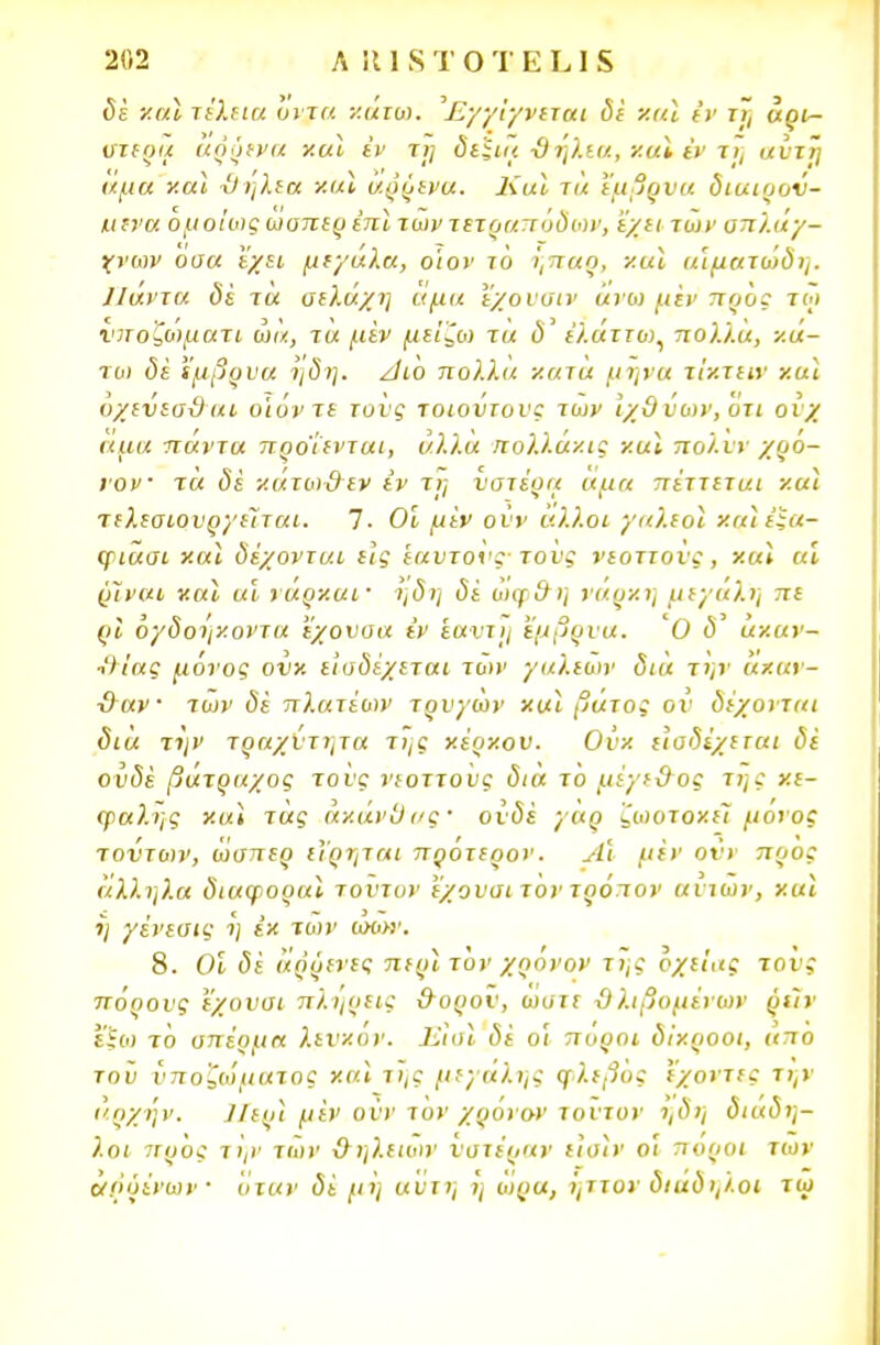 χαϊ τέλεια όντα κάτω. Έγγίγνεται δέ χαϊ έν τ7, άρι- οτερα άρρενα χαϊ έν τρ δεξιά -θηλιά., χαϊ έν τι, αντη άμα χαϊ θήλεα χαϊ άρρενα. Κ αϊ τά έμβρυα διαιρον- ιιενα ομοίως ωοπερ έπϊ των τετραπόδων, έχει των οπ/.άγ- χνων οοα εχει μεγάλα, οϊον το ήπαρ, χαϊ α'ιματώδη. Πάντα δέ τά αελάχη υ μα εχονσιν άνω μεν προς τω •υποζωματι ώα, τα μεν μείζω τα δ έλάττο>, πολλά, κά- τω ϊμβρυα 5/(5»;. Αιο πολλά χατα μήνα τίχτειν χαϊ όχενεσϋαι ο'ιόντε τους τοιούτους των ΊχΟ νων, ότι ονχ αμα πάντα προ'ί'ενται, άλλ.α πολ.λάχις χαϊ πολνν χρο- ΐ·ον τά δέ χάτω&εν έν τη υστέρα αμα πέττεται χαϊ τελεσιουργείται. 7- 01 μΐν ονν άλλ.οι γαλέοι χαϊέξα- φιααι χαϊ δέχονται εις ίαντονς· τονς νεοττονς, χαϊ αϊ ρίναι χαϊ αί ναρχαΐ' ηδη δέ ωφ&η νάρκη μεγάλη πε ρΐ ογδοήχοντα 'έχονοα εν Ιαντη έμβρυα. Ό δ άχαν- ■ίΐίας μόνος ονχ είσδέχεται των γαλέων δια την άχαν- ■&αν των δέ πλατέων τρνγών χαϊ βάτος ον δέχονται δια την τραχύτητα της χέρχον. Ονχ ειοδέχεται δέ ουδέ βάτραχος τονς νεοττους δια το μίγε&ος της κε- φαλής χαϊ τάς άχάνϋΐ'ς· ουδέ γαρ ζωοτοχεΊ μονός τοντων, ώαπερ ιΐρηται προτερον. Αι μεν ονν προς άλληλα διαφοραϊ τοντυν έχουσι τον τρόπον ανιών, χαϊ η γένεαις η έχ των ώωτ. 8. Οι δέ άρρενες περϊτΌν χρονον της οχεΐας τονς πόρους εχοναι πλήρεις &ορον, ωατε ϋλιβομένων ρεϊν 'έξο) το υπέριια λ.ενχον. ΕιΟί δέ ο'ι πύροι δίχροοι, απο του νποζώματος χαϊ της μεγάλης φλεβός έχοντες την αρχήν. ΙΙερϊ μεν ονν τον χρόνον τοϋτυν ηδη διάδη- λοι 7Γρός την των ΰηλειων νατέραν εϊοϊν ο'ι πόροι των άί'όίνων όταν δέ μη ανιη η ωρα, ϊ^τον διαδηλοί τω