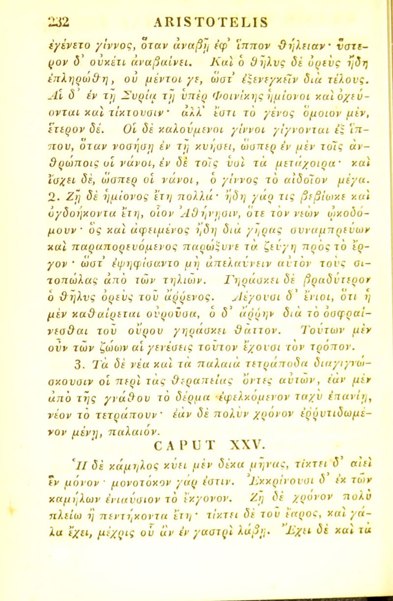 έγένετο γ'ιννος, οταν άναβη εφ 'ίππον ϋήλειαν ύστε- ρον δ ουκέτι αναβαίνει. Καϊ ο ϋηλυς δέ όρε'υς ηδη ίπληροιθη, ου μέντοι γε, ωστ' έξενεγχην δια τέλους. Αϊ δ εν τη Συοία τϊ) υπέρ Φοινίκης ημ'ιονοι καϊόχεύ- ονται χαϊ τίχτουυιν' άλλ' ί'στι το γένος 'όμοιον μίν, έτερον δέ. Οι δέ καλούμενοι γίννοι γίγνονται ϊϊ Ίπ- που, όταν νοαήση εν τη χυηαει, ώσπερ εν μεν τυΐς άν- 9ρωποις υί νάνοι, εν δέ το~ίς υοϊ τα μετα.χοιρα' χαϊ ισχει δέ, ωσπερ οΐ νάνοι, Ό γίννος το αίδοΐον μέγα. 2. Ζτ\ δέ ημίονος ετη πολλά· ηδη γάρ τις βεβίωχε χαϊ όγδοηκυντα έτη, ο'ιον Α9 ηνηοιν, οτε τον νεων ωχοδυ- μουν ός χαϊ άψειμένος ηδη δια γήρας ουναμπρενων χαϊ παραπορενομενος παρω'ϊννε τα ζειγη προς το έρ- γον ' ωστ' έψηψίσαντο μη άπελαννειν α ντον τον: οι- ■ιοπώλας άπο των τηλιων. Γηράσκει δέ βραδύτερο* ο 9ηλνς ορευς του άρρενος. ^Ιέγονσι δ' ί'νιοι, οτι η μέν χα9 αίρεται ονρυνσα, ο δ' άρόην διά το όσγραί- νεσΰαι του ονρον γηράσκει Οαττον. Τοντων μέν ου» τω»* ζώων αι γενέσεις τούτον ί'χοναι τον τρόπον. 3. Τα δέ νέα χαϊ τα παλαιά τετράποδα διαγιγνω- οχουαιν οΐ περϊ τάς θεραπείας οντες αυτών, έαν μέν από της γνάθου το δέρμα έψελχομενον ταχυ ειανίη, νέον το τετράπουν εάν δέ πολύν χρονον έρόυτιδωμέ- νον μένη, παλαιον. ε α ι1 υ τ χχν. Ίίδέ κάμηλος χύει μέν δίχα μήνα:, τίκτει δ αίεϊ ν μόνον ■ μονοτόκον γαρ έστιν. Ιΐχχο'ινονοι δ έκ των χαμηλών ένιανσιον το Ι'χγονον. 'λη δέ χρονον πολυ πλείω η πεντήκοντα ΐτη· τίκτει δέ του 'έαρο:, χαι γα- ία 'έχει, μέχρις ου αν εν γαοτρϊ λάβ;;. 'ΐίχει δέ χαϊ τα