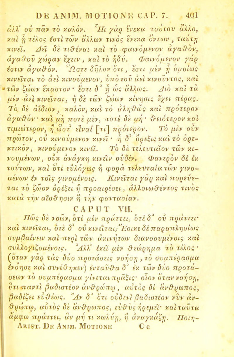 α/λ' ον πάν τό καλόν. Ήι γαρ ένεκα τούτου άλλο, ■/αϊ γι τέλος εστί των άλλων τίνος ένεκα όντων , ταυτί] κινεί. Αεί δέ τι&έναι και το φαινομενον αγα&ον, άγα&ου χώραν εχειν , και το ηδύ. Φαινομενον γάρ έοιιν άχα&όν. νΙ1στε δηλον Ότι, εστι μέν ?) ομοίως κινείται, τό άεϊ κινονμενον, νπότον άει κινονντος, και των ζώων εκαστον εοτι δ' η ως άλλως. Αιό και τα μεν άει κινείται, η δε των ζώων κίνησις εχει πέρας. Ίο δε άίδιον. καλόν, και τό άλη&ώς και προτερον αχαϋόν και μη ποτέ μέν, ποτέ δέ μη' &ειότερον και τιμιώτερον, η ω στ είναι [τί] προτερον. Το μέν ονν πρώτον, ον κινονμενον κινεί· ·>] <53 ορεξις και τό ορε- κτικον, κινονμενον κινεί. Το δέ τελενταΤ-ον των κι- νουμένων, ονκ ανάγκη κινέΐν ουδέν. Φανερόν δέ εκ τοντων, και οτι ευλόγως η φορά τελενταία των γινο- ιιένων εν τοις γινομένοις. Κινείται γάρ και πορεύε- ται τό ζώον ορε'Ιεί η προαιρέοει, άλλοιω&έντος τίνος κατα την αΐσ&ησιν η την ψαντασίαν. Ο Α ρ υ Τ Λ II. Πω; δέ ιοοιν, ότέ μέν πράττει, οτέδ ον πράττει και κινείται, οτέ δ οίι κινείται; Εοικε δέ παραπληοίως ουμβαίνειν και περί των ακινήτων διανοονμένοις και ανλλογιζοαένοις. Άλλ' έκεϊ μέν -θεώρημα τό τέλος· (όταν γαρ τάς δυο προτάσεις νοήση , τό ανμπέρασμα ένοηαε και σννέΟ ηκεν) εντανΟα δ' έκ των δύο προτά- σεων το ανμπέρασμα γίνεταιπράξις· ο'ιον όταν νοήσΐ], ντι σιαντί βαδιατέον άνϋρώπο), αντός δέ άν&ρωπος, βαδίζει ενΰέως. Άν δ' ότι ουδέν) βαδιστέον ννν άν- ■&ρο>πο), αυτός δέ άνθρωπος, ενΟ ϋς ηρεμεί· καιταϋτα. αμφω πράττει, αν μη τι κωλΰ>], η άναγκαζγ. Ποιη- Λκίδτ. 1)κ Ανιμ. Μοτιονε € ο