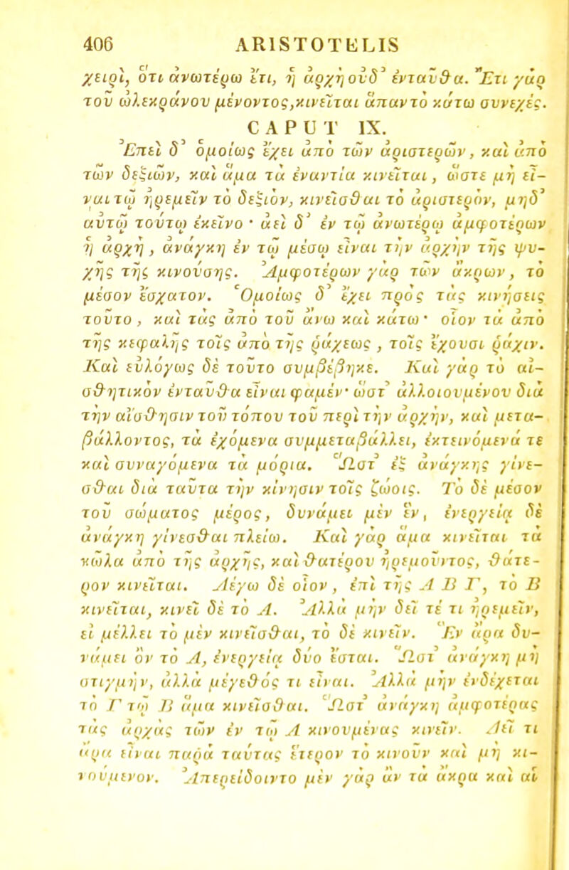 χειρϊ, οτι ανωτέρω ετι, η αρχή ουδ' ενταν&α. Ετι γάη του ωλεκρανον μένοντος,κινείται άπαντο κάτω οννιχές. ο α ρ υ τ ιχ. Επει δ ομοίως εχει απο των αριστερών, και από των δεξιών, και άμα τά εναντία κινείται, ωοτε μη εί- ναιτω ηρεμέίν το δεξιόν, κινείσθαι τό άριστερόν, μηδ αντω τοντο) εκείνο · άει δ' εν τω ανωτέρω αμφοτέρων V α$Ζν ι άνάγκη εν τω μέσω είναι τήν αρχήν της ψυ- χής της κινοναης. Αμφοτέρων γαρ των άκρων, το μέοον εσχατον. 'Ομοίως δ έχει προς τας κινήσεις τούτο , και τας από τοϋ ανω και χάτω' ο'ιον τα αηο της χεφακης τοις απο της ραχεως , τοις εχουσι ραχιν. Και ευλόγως δέ τοϋτο συμβέβηκε. Και γαρ το αι- σ&ητικόν ένταϋΰα είναι ψαμέν ώοτ άλλοιονμένον δια την αϊσϋ-ησιν τον τόπου τον περί την αρχήν, καϊ μετα- βάλλοντος, τά έχόμενα σνμμεταβάλλει, έκτεινόμενά τε και συναγόμενα τά μόρια. ^ΙΙατ 1£ ανάγκης γϊνε- σ&αι δια ταντα την κίνησιν τοίς ζωοις. Το δέ μέσον τον σώματος μέρος, δννάμει μεν εν, ενεργεία δέ ανάγκη γίνεο&αι πλείω. Και γάρ αμα κινείται τα ν.ωλα από της άρχης, και ΰατέρον ηρεμοΐιντος, ι9«'τε- ρον κινείται. Λέγω δέ ο'ιον , επί της Α Β Τ, το Β κινείται, κινεί δέ τό Α. Άλλα μην δεί τέ τι ηοεμείν, εί μέλλει τό μεν κινεία&αι, τό δέ κινείν. Εν άρα δν- νάμει 'όν τό Λ, ενεργεία δύο εσται. Ρ-σι ανάγκη μη στιγμήν, αλλά μέγε&ός τι είναι. Άλλά μήν ένδέχεται τό Γ τω Β άμα κινείσθαι. ^Ιίατ ανάγκη αμφοτέρας τας αρχάς των έν τω Λ χινονμίνας κινείν. <1έί τι αρα είναι παρά ταύτας έτερον τό κινούν καϊ μη κι- νούμενοι: Άπερείδοιντο μεν γάρ άν τα αχρα και αί