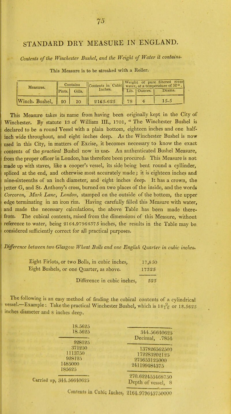 STANDARD DRY MEASURE IN ENGLAND. Contents of the Winchester Bushel, and the Weight of Water it contains. This Measure is to be streaked with a Roller. Measures. Contains Contents in Cubic Inches. Weight of pure filtered river water, at a temperature of 52° . Pints. Gills. Lib. Ounces. Drams. Winch. Bushel, 20 10 2165.625 78 4 15.5 This Measure takes its name from having been originally kept in the City of Winchester. By statute 13 of William III., 1701,  The Winchester Bushel is declared to be a round Vessel with a plain bottom, eighteen inches and one half- inch wide throughout, and eight inches deep. As the Winchester Bushel is now used in this City, in matters of Excise, it becomes necessary to know the exact contents of the practical Bushel now in use. An authenticated Bushel Measure, from the proper officer in London, has therefore been procured. This Measure is not made up with staves, like a cooper's vessel, its side being bent round a cyllinder, spliced at the end, and otherwise most accurately made; it is eighteen inches and nine-sixteenths of an inch diameter, and eight inches deep. It has a crown, the letter G, and St. Anthony's cross, burned on two places of the inside, and the words Corcoron, Mark Lane, London, stamped on the outside of the bottom, the upper edge terminating in an iron rim. Having carefully filled this Measure with water, and made the necessary calculations, the above Table has been made there- from. The cubical contents, raised from the dimensions of this Measure, without reference to water, being 2164.97964375 inches, the results in the Table may be considered sufficiently correct for all practical purposes. Difference between two Glasgow Wheat Bolls and one English Quarter in cubic inches. Eight Firlots, or two Bolls, in cubic inches, 17,850 Eight Bushels, or one Quarter, as above. 17325 Difference in cubic inches, 525 The following is an easy method of finding the cubical contents of a cylindrical vessel.—Example: Take the practical Winchester Bushel, which is 18-?$ or 18.5625 inches diameter and 8 inches deep. 18.5625 18.5625 928125 371250 11137.30 928125 14-85000 185625 Carried up, 341.56640625 341.56 640625 Decimal, .7854 137826562500 172283202125 275653125000 241199484375 270.622455408750 Depth of vessel, 8 Contents In Cubit; Inches, 2101.979643750000