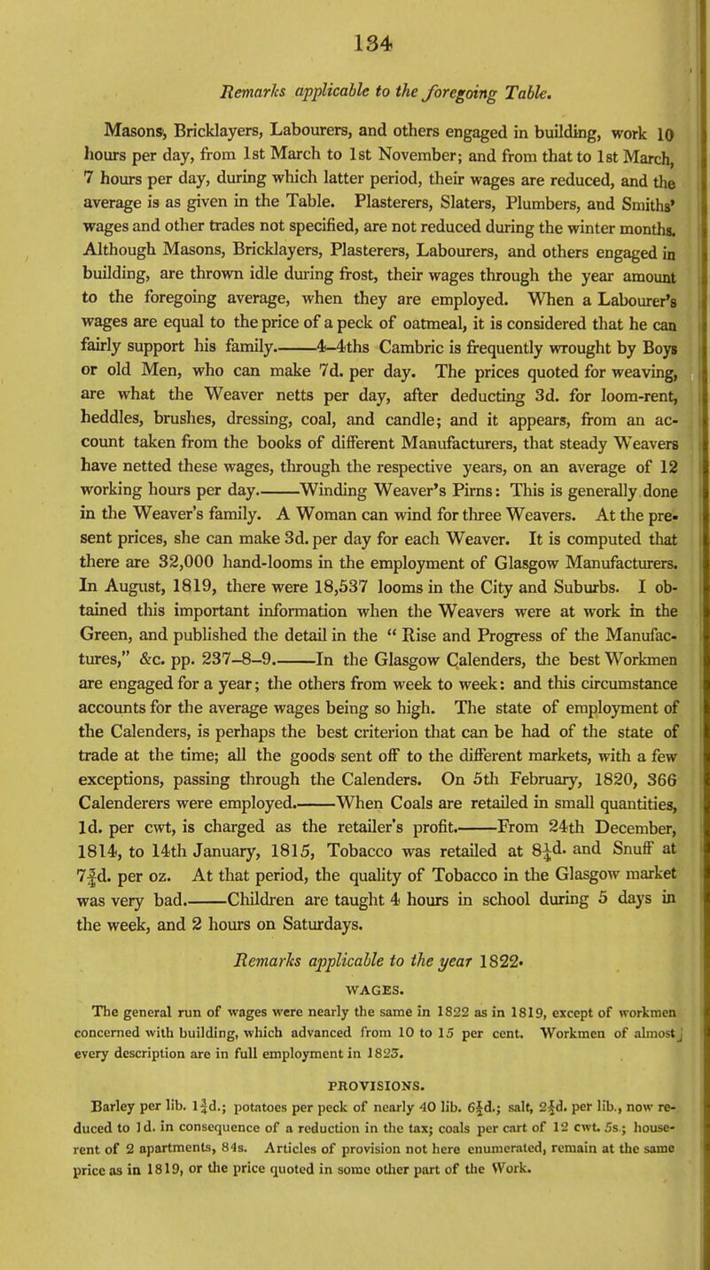 Remarks applicable to the foregoing Table. Masons^ Bricklayers, Labourers, and others engaged in building, work 10 hours per day, from 1st March to 1st November; and from that to 1st March, 7 hours per day, during which latter period, their wages are reduced, and the average is as given in the Table. Plasterers, Slaters, Plumbers, and Smiths' wages and other trades not specified, are not reduced during the winter months. Although Masons, Bricklayers, Plasterers, Labourers, and others engaged in building, are thrown idle during frost, their wages through the year amount to the foregoing average, when they are employed. When a Labourer's wages are equal to the price of a peck of oatmeal, it is considered that he can fairly support his family 4-4ths Cambric is frequently wrought by Boys or old Men, who can make 7d. per day. The prices quoted for weaving, are what the Weaver netts per day, after deducting 3d. for loom-rent, heddles, brushes, dressing, coal, and candle; and it appears, from an ac- count taken from the books of different Manufacturers, that steady Weavers have netted these wages, through the respective years, on an average of 12 working hours per day Winding Weaver's Pirns: This is generally done in the Weaver's family. A Woman can wind for three Weavers. At the pre- sent prices, she can make 3d. per day for each Weaver. It is computed that there are 32,000 hand-looms in the employment of Glasgow Manufacturers. In August, 1819, there were 18,537 looms in the City and Suburbs. I ob- tained this important information when the Weavers were at work in the Green, and published the detail in the  Rise and Progress of the Manufac- tures, &c. pp. 237-8-9 In the Glasgow Calenders, the best Workmen are engaged for a year; the others from week to week: and this circumstance accounts for the average wages being so high. The state of employment of the Calenders, is perhaps the best criterion that can be had of the state of trade at the time; all the goods sent off to the different markets, with a few exceptions, passing through the Calenders. On 5th February, 1820, 366 Calenderers were employed. When Coals are retailed in small quantities, Id. per cwt, is charged as the retailer's profit. From 24th December, 1814, to 14th January, 1815, Tobacco was retailed at 8^d. and Snuff at 7|d. per oz. At that period, the quality of Tobacco in the Glasgow market was very bad. Children are taught 4 hours in school during 5 days in the week, and 2 hours on Saturdays. Remarks applicable to the year 1822« WAGES. The general run of wages were nearly the same in 1822 as in 1819, except of workmen concerned with building, which advanced from 10 to 15 per cent. Workmen of almost j every description are in full employment in 1825. PROVISIONS. Barley per lib. l|d.; potatoes per peck of nearly 40 lib. 6|d.; salt, 2|d. per lib., now re- duced to Id. in consequence of a reduction in the tax; coals per cart of 12 cwt. 5s; house- rent of 2 apartments, 84s. Articles of provision not here enumerated, remain at the same price as in 1819, or the price quoted in some other part of the Work.