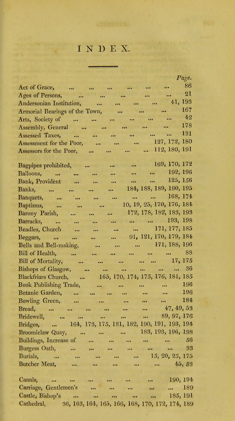 INDEX. Page. Act of Grace, ... ... ••• ••• 86 Ages of Persons, ... ... ... ••• ••• 21 Andersonian Institution, ••• 41, 193 Armorial Bearings of the Town, ... ••• ••• 167 Arts, Society of ... ••• ••• ••• ^2 Assembly, General ... ... ••• ••• •*• Assessed Taxes, ... ... ••• ••• 1^1 Assessment for the Poor, ... ... ••• 127, 172, 180 Assessors for the Poor, ••• ••• 112,180,191 Bagpipes prohibited, ... ••• ••• 169, 170, 172 Balloons, ... ... ... «• ••• ♦•• 192, 196 Bank, Provident ... ... ••• ••• ••• 125, 156 Banks, 184, 188, 189, 190, 195 Banquets, ... ... ... «• — ••• 168, 174 Baptisms, 10, 19, 25, 170, 176, 184 Barony Parish, 172, 178, 182, 183, 193 Barracks, ... ... ... ... ••• ••• 193, 198 Beadles, Church 171, 177, 185 Beggars, 91, 121, 170, 179, 184 Bells and Bell-making, 171,188,196 Bill of Health, ... ... ... ... ... ••• 88 Bill of Mortality, ... ... ... 17, 175 Bishops of Glasgow, ... ... ... ... 36 Blackfriars Church, ... 165, 170, 174, 175, 176, 181, 185 Book Publishing Trade, ... ... ... ... 196 Botanic Garden ... «• 196 Bowling Green, ... ... ... ... ... 184 Bread, ... ... ... ... ... ••• 47, 49, 53 Bridewell, ... ... ... ... ••• 89, 97, 176 Bridges, ... 164, 173, 175, 181, 182, 190, 191, 193, 194 Broomielaw Quay, ... 183, 193, 196, 198 Buildings, Increase of ... ... — 56 Burgess Oath, ... ... ... ... ... ... 33 Burials, 15, 20, 25, 175 Butcher Meat, ... ... ... ... ... 45, 5:5 Canals, ... ... ... ... ••• ... 190, 194 Carriage, Gentlemen's ... ... ... ... ... 189 Castle, Bishop's ... ... «•• ... ... 185, 191