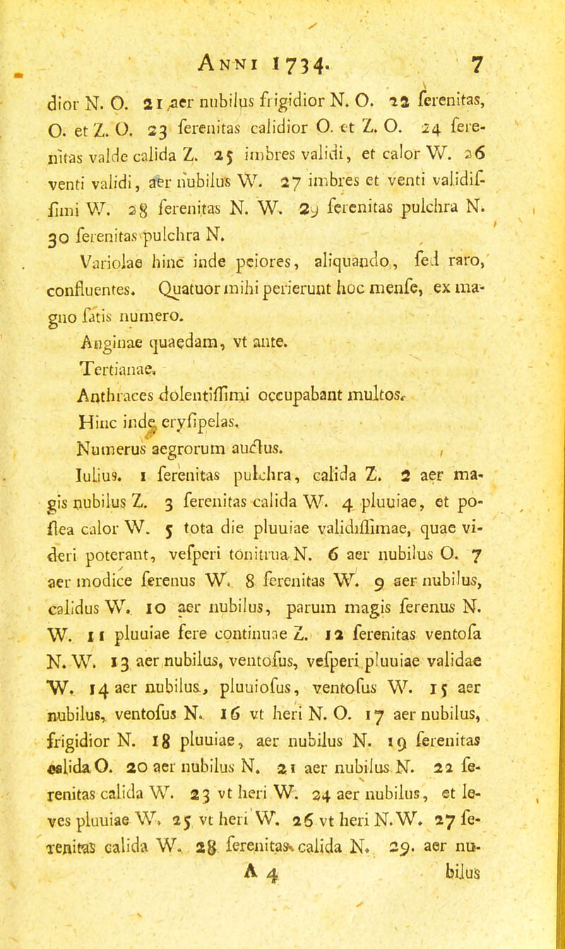 dior N. 0. 21 ,aer nubiius fiigidior N. O. 12 ferenitas, O. etZ. O. 23 ferenitas caiidior O. ct Z. O. 24 feie- iiitas valde calida Z. 25 imbres validi, et calor W. 26 venti vaiidi, aer nubiius W. 27 imbres et venti val.idif- fimi W; 28 ferenitas N. W. 3y ferenitas pulchra N. 30 ferenitas pulchra N. Variolae hinc inde peiores, aliquando, fed raro, confiuentes. Quatuor mihi perierunt hoc menfe, ex ma- gno fatis numero. Auginae quaedam, vt ante. Tertianae, Anthraces doIentiiTimi occupabant multos. Hinc inde, eryfipelas. Nunierus aegrorum auctus. , Iulius. 1 ferenitas pulchra, calida Z. 2 aer ma- gis nubilus Z. 3 ferenitas caiida W. 4 pluuiae, et po- flea calor W. 5 tota die pluuiae validifllmae, quae vi- deri poterant, vefperi tonitruaN. 6 aer nubilus O. 7 aer modice ferenus W. 8 ferenitas W. 9 aer nubilus, calidus W. 10 aer nubilus, parum magis ferenus N. W. II pluuiae fere continuae Z. 12 ferenitas ventofa N. W. 13 aer nubilus, ventofus, vefperi pluuiae validae W. 14 aer nubilus-, pluuiofus, ventofus W. 15 aer nubilus, ventofus N. 16 vt heri N. O. 17 aer nubilus, frigidior N. 18 pluuiae, aer nubiius N. 19 ferenitas «slidaO. 20 aer nubilus N. j&i aer nubiius N. 22 fe- renitas calida W. 2 3vtheriW. 24 aer nubilus, et le- vcs pluuiae W» 15 vt heri W. 26 vt heri N. W. 27 fe- Tenitas calida W. 28 ferenita^ calida N. 29. aer nn- A 4 bijus