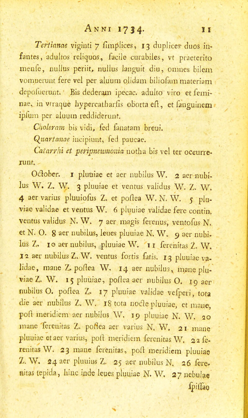 Annii73 4- 11 Tertianne viginti 7 fimrjlices, 13 duplices duos in- fantes, adultos reliquos, faciie curabiles, vt praeterito menfe, nuiius periit, nullus ianguit diu, omnes bilem vomuerunt fere vel per aluum olidam biliofam materiam depofuerunt.1 Bis dederam ipecac. adulto viro et femi- nae, iu vrraque hypercatharfis obortaeft, et fanguinem ipfum per aluum reddiderunt. Choleram bis vidi, fed fanatam breui. Quartanae iucipiunt, fed paucae. Catarrhi et peripieumonia uotha bis vel ter occurre- jrunt. - Oclober. 1 plutiiae et aer nubilus W. 2 aer-nubi- lus W. Z. W. 3 pluuiae et ventus validus W. Z. W. 4 aer varius pluuiofus Z. et poftea W. N. W. 5 plu- viae validae et ventus W. 6 pluuiae validae fere contin, ventus validus N. W. 7 aer magis ferenus, ventofus N. et N. O. 8 aer nubilus, leues pluuiae N. W, 9 aer nubi- lus Z. 10 aer nubilus, pluuiae W. n ferenitas 2. W, 12 aer nubilus Z. W. ventus fortis faris. 13 pluuiae va- lidae, mane Z. poftea W. 14 aer nubilus, mane piu- viae Z. W. 15 pluuiae, poftea aer nubiius O. 19 aer nubilus O. poftea Z. 17 pluuiae validae vefperi, tota die aer nubilus Z. W. 18 tota uocle piuuiae, et maue, poft meridiem aer nubiius W, 19 pluuiae N. W. 10 mane Terenitas Z. poftea aer varius N, W. 21 mane pluuiae etaer varius, poft meridiem fercnitas W, 2afe- renitasW, 23 mane ferenitas, poft meridiem pluuiae Z. W. 24 aer pluuius Z, 25 acr uubilus N. 26 fere* nitas tepida, hinc inde lcues pluuiae N. W. 27 nebuW fpiilao