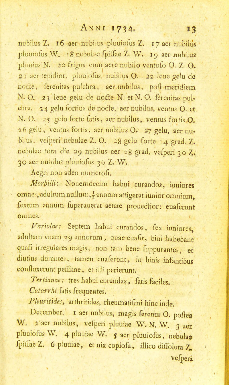 t An N I ' I 734. 13 nubilus Z. 16 aernubilus pluuiofus Z. I7aernubiius pluuiofus W. '8 nebuLe fpiilae Z W. jy aer nubiius piuuius N. 20 frigus oum aere nubiJo ventofo O. Z O. 21 aer tepidior, piuuiofus, hubilus O. 22. leue ge!u de «ocle, ferenitas pu'chra, aer nubiius, poft meridiem K. 0., 23 ieue gelu de nocle N. et N. O. ferentfas pui- chra. 14 gelu fortius de nocle, aernubilus, venrus O. et N. O. .'5 geiu forte fatis, aer nubilus, ventus fortis.O. a<? gelu, ventus fortis, aer nubiius 0/ 27 geiu, aer nu- biJiis., vefperi nebuiae Z. O. 28 gelu forte 4 grad. Z. nebuiae tota die 29 nubilus aer grad. vclperi 30 Z> 30 ser nui-.iius pluuiofiis 30 Z. W. Aegri non adeo numerofi. Morbilli: Nouemdecim habui curandos, iuniores omnes, aduitum nuiium,| annum attigerat iunior omnium, fextum annum fuperauerat aetate prouedior: euaferunt oames. Variolae: Septem habui curandos, fex iuniores, aduitam vnam 29 annorum , quae euafir, bini habebant quafi irreguiares magis, non tan. bene fuppurantes, et diutius durante-,, tamen euaferunt, in binis infantibus confluxerunt peifime, et iiii perierunt. Tertianae: tres habui curandas, fatis faciles. Catarrhi fatis frequentes. Pkuritides, arthritides, rheumatifmi hinc inde. December. 1 aer nubiius, magis ferenus O. poflea W. 2 aer nubilus, vefperi pluuiae W. N. W. 3 aer pluuiofus W. 4 pluuiae W. 5 aer piuuiofus, nebulae fpiiTaeZ. 6 piuuiae, et nix copiofa, illico diiToiuta Z. '