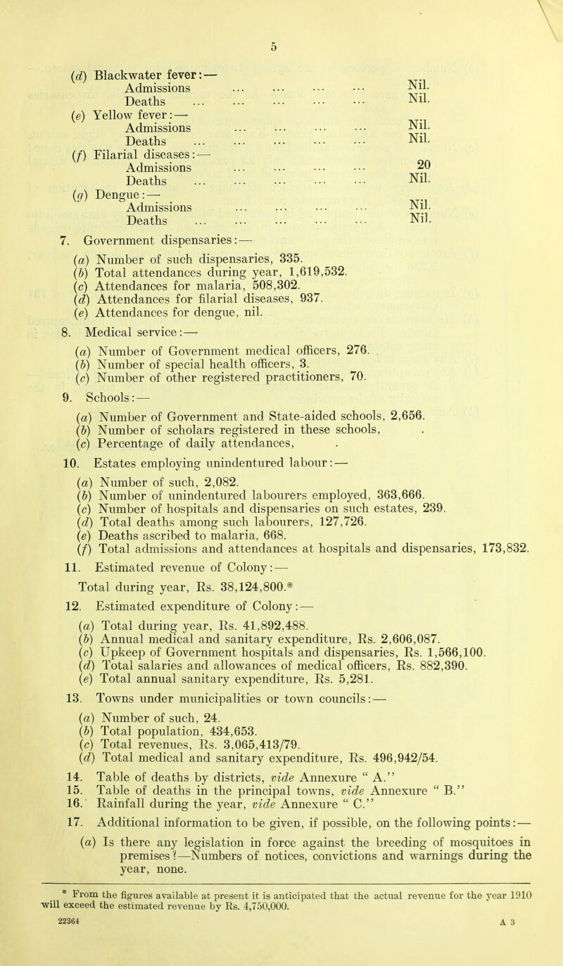 {d) Blackwater fever: — Admissions Deaths {e) Yellow fever: —• Admissions Deaths (/) Filarial diseases: — Admissions Deaths {g) Dengue: — Admissions Deaths 7. Government dispensaries: — {a) Number of such dispensaries, 335. {h) Total attendances during year, 1,619,532. (c) Attendances for malaria, 508,302. {d) Attendances for filarial diseases, 937. {e) Attendances for dengue, nil. 8. Medical service: — {a) Number of Government medical officers, 276. , (&) Number of special health officers, 3. (c) Number of other registered practitioners, 70. 9. Schools: — {a) Number of Government and State-aided schools, 2,656. (b) Number of scholars registered in these schools, (c) Percentage of daily attendances, 10. Estates employing unindentured labour: — {a) Number of such, 2,082. {b) Number of unindentured labourers employed, 363,666. (c) Number of hospitals and dispensaries on such estates, 239. {d) Total deaths among such labourers, 127,726. {e) Deaths ascribed to malaria, 668. {f) Total admissions and attendances at hospitals and dispensaries, 173,832. 11. Estimated revenue of Colony: — Total during year, Rs. 38,124,800.* 12. Estimated expenditure of Colony: — {a) Total during year, Rs. 41,892,488. (&) Annual medical and sanitary expenditure, Rs. 2,606,087. (c) Upkeep of Government hospitals and dispensaries, Rs. 1,566,100. {d) Total salaries and allowances of medical officers, Rs. 882,390. {e) Total annual sanitary expenditure, Rs. 5,281. 13. Towns under municipalities or town councils: — {a) Number of such, 24. {h) Total population, 434,653. {c) Total revenues, Rs. 3,065,413/79. {d) Total medical and sanitary expenditure, Rs. 496,942/54. 14. Table of deaths by districts, vide Annexure  A. 15. Table of deaths in the principal towns, vide Annexure  B. 16. ' Rainfall during the year, vide Annexure  C. 17. Additional information to be given, if possible, on the following points: — {a) Is there any legislation in force against the breeding of mosquitoes in premises?—Numbers of notices, convictions and warnings during the year, none. Nil. Nil. Nil. Nil. 20 Nil. Nil. Nil. * From the figures available at present it is anticipated that the actual revenue for the year 1910 ■will exceed the estimated revenue by Rs. 4,750,000.