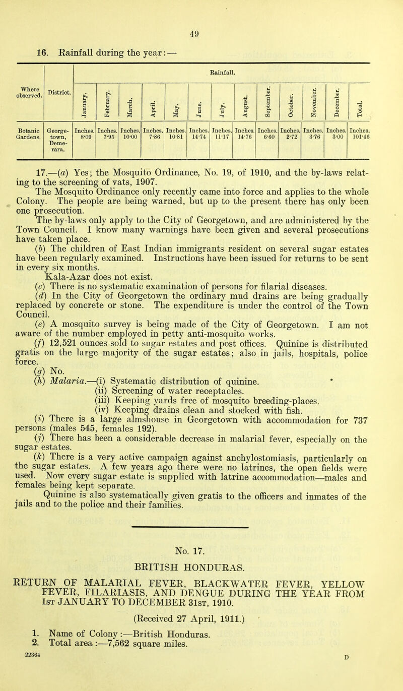 16. Rainfall during the year: — Rainfall. Where observed. District. a u « o >> ci5 a a 1-3 9 at 1=1 bo 3 <1 £> a (U o u O u <u .o a > o Is a CD O <C Q 43 o H Botanic Gardens. George- town, Deme- rara. Inches. 8-09 Inches, 7-95 Inches. 10-00 Inches. 7-86 Inches. 10-81 Inches. li-74 Inches. 11-17 Inches. 14-76 Inches. 6-60 Inches. 2-72 Inches. 3-76 Inches. 3-00 Inches. 101-46 17.—(a) Yes; the Mosquito Ordinance, No. 19, of 1910, and the by-laws relat- ing to the screening of vats, 1907. The Mosquito Ordinance only recently came into force and applies to the whole Colony. The people are being warned, but up to the present there has only been one prosecution. The by-laws only apply to the City of Georgetown, and are administered by the Town Council. I know many warnings have been given and several prosecutions have taken place. (&) The children of East Indian immigrants resident on several sugar estates have been regularly examined. Instructions have been issued for returns to be sent in every six months. Kala-Azar does not exist. (c) There is no systematic examination of persons for filarial diseases. (d) In the City of Georgetown the ordinary mud drains are being gradually replaced by concrete or stone. The expenditure is under the control of the Town Council. (e) A mosquito survey is being made of the City of Georgetown. I am not aware of the number employed in petty anti-mosquito works. (/) 12,521 ounces sold to sugar estates and post offices. Quinine is distributed gratis on the large majority of the sugar estates; also in jails, hospitals, police force. ig) No. (h) Malaria.—(i) Systematic distribution of quinine. (ii) Screening of water receptacles. (iii) Keeping yards free of mosquito breeding-places. (iv) Keeping drains clean and stocked with fish. (i) There is a large almshouse in Georgetown with accommodation for 737 persons (males 545, females 192). (j) There has been a considerable decrease in malarial fever, especially on the sugar estates. (k) There is a very active campaign against anchylostomiasis, particularly on the sugar estates. A few years ago there were no latrines, the open fields were used. Now every sugar estate is supplied with latrine accommodation—males and females being kept separate. Quinine is also systematically given gratis to the officers and inmates of the jails and to the police and their families. No. 17. BRITISH HONDURAS. RETURN OF MALARIAL FEVER, BLACKWATER FEVER, YELLOW FEVER, FILARIASIS, AND DENGUE DURING THE YEAR FROM 1st JANUARY TO DECEMBER 31st, 1910. (Received 27 April, 1911.) ' 1. Name of Colony :—British Honduras. 2. Total area :—7,562 square miles. 22364 n