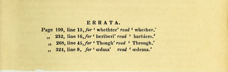 ERRATA. Page 199, line 15,/or ' whethter' read * whether,' ,, 232, line 16,/or ' beriberi' read ' barbiers.' „ 268, line 45,/or ' Though' read ' Through/