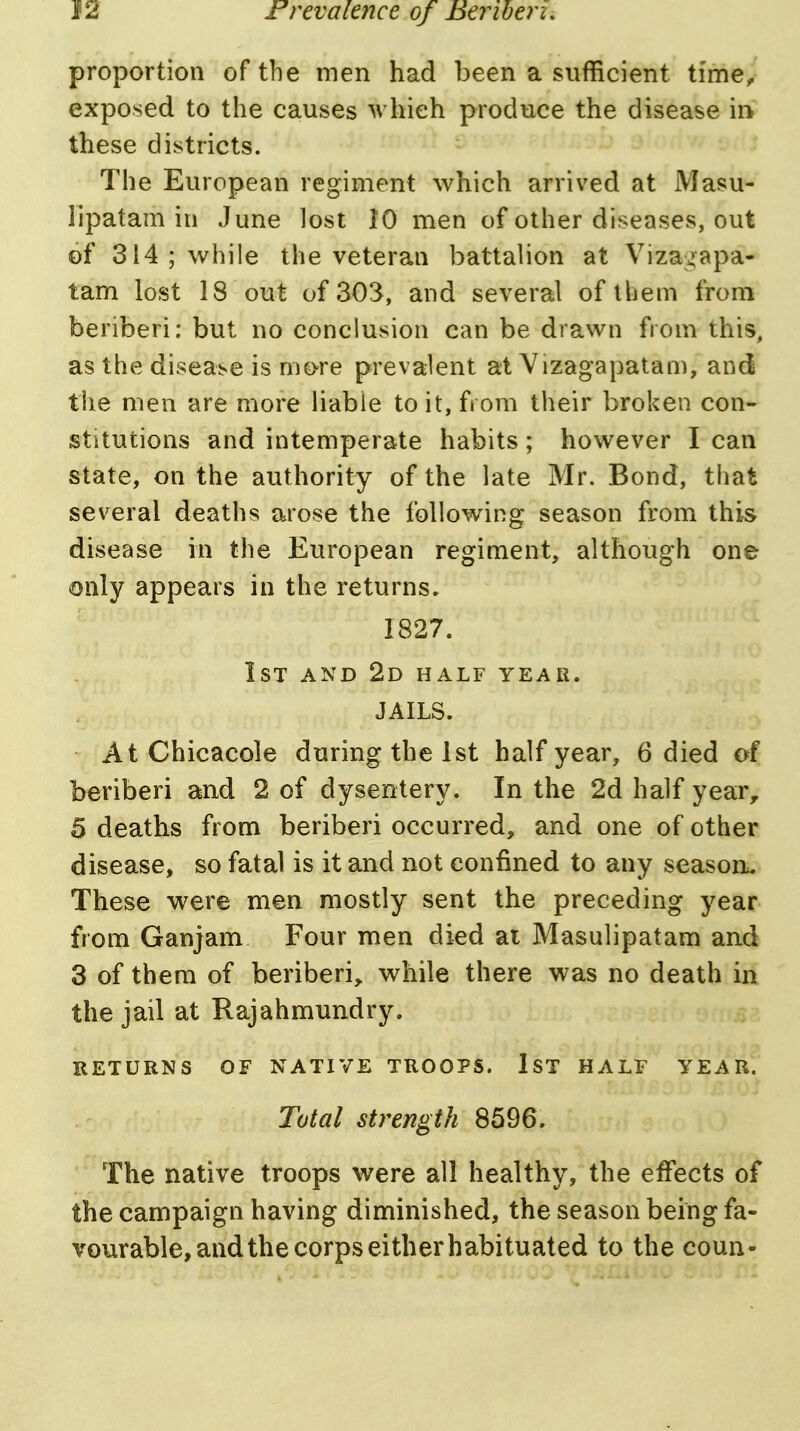 proportion of the men had been a sufficient ti'me^ exposed to the causes which produce the disease ir> these districts. The European regiment which arrived at Masu- lipatam in June lost 10 men of other diseases, out of 314; while the veteran battalion at Viza.rapa- tam lost 18 out of 303, and several of them from beriberi: but no conclusion can be drawn from this, as the disease is mo^re prevalent at Vizagapatam, and the men are more liable to it, from their broken con- stitutions and intemperate habits; however I can state, on the authority of the late Mr. Bond, that several deaths arose the following season from this disease in the European regiment, although one only appears in the returns. 1827. 1st and 2d half year. JAILS. At Chicacole during the 1st half year, 6 died of beriberi and 2 of dysentery. In the 2d half year, 5 deaths from beriberi occurred, and one of other disease, so fatal is it and not confined to any season.. These were men mostly sent the preceding year from Ganjam Four men died at Masulipatam and 3 of them of beriberi, while there was no death in the jail at Rajahmundry. RETURNS OF NATIVE TROOPS. IST HALF YEAR. Total strength 8596. The native troops were all healthy, the effects of the campaign having diminished, the season being fa- vourable, and the corps either habituated to the coun-