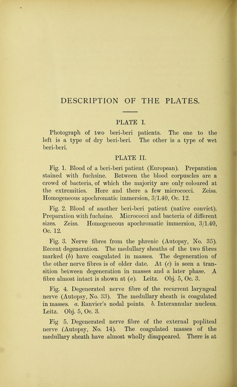 DESCRIPTION OF THE PLATES. PLATE I. Photograph of two beri-beri patients. The one to the left is a type of dry beri-beri. The other is a type of wet beri-beri. PLATE II. Fig. 1. Blood of a beri-beri patient (European). Preparation stained with fuchsine. Between the blood corpuscles are a crowd of bacteria, of which the majority are only coloured at the extremities. Here and there a few micrococci. Zeiss. Homogeneous apochromatic immersion, 3/1.40, Oc. 12. Fig. 2. Blood of another beri-beri patient (native convict). Preparation with fuchsine. Micrococci and bacteria of different sizes. Zeiss. Homogeneous apochromatic immersion, 3/1.40, Oc. 12. Fig. 3. Nerve fibres from the phrenic (Autopsy, No. 35). Eecent degeneration. The medullary sheaths of the two fibres marked (b) have coagulated in masses. The degeneration of the other nerve fibres is of older date. At (c) is seen a tran- sition between degeneration in masses and a later phase. A fibre almost intact is shown at (a). Leitz. Obj. 5, Oc. 3. Fig. 4. Degenerated nerve fibre of the recurrent laryngeal nerve (Autopsy, No. 33). The medullary sheath is coagulated in masses, a. Eanvier's nodal points, b. Interannular nucleus. Leitz. Obj. 5, Oc. 3. Fig 5. Degenerated nerve fibre of the external popliteal nerve (Autopsy, No. 14). The coagulated masses of the medullary sheath have almost wholly disappeared. There is at