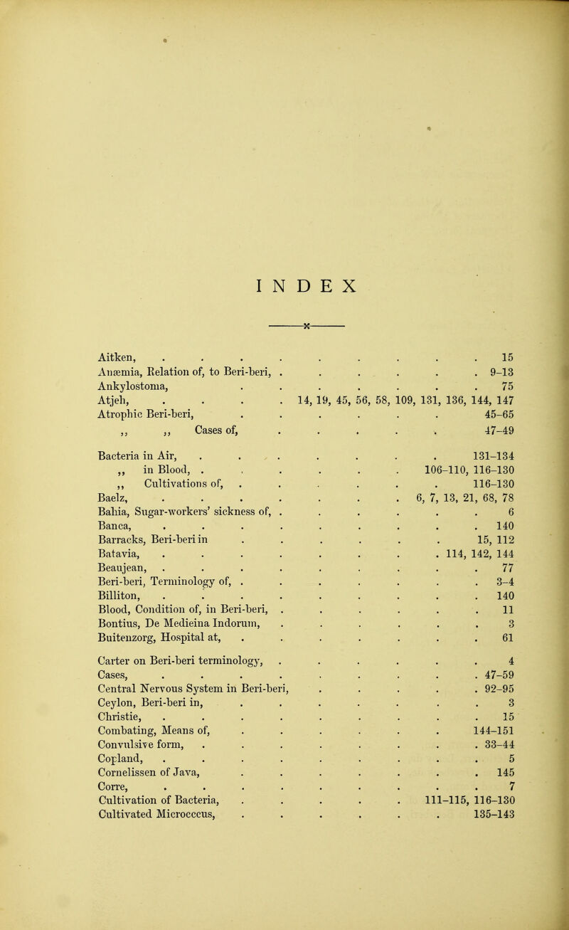 INDEX Aitken, Anaemia, Relation of, to Beri-beri, Ankylostoma, At] eh, Atrophic Beri-beri, ,, ,, Cases of, Bacteria in Air, „ in Blood, . ,, Cultivations of, Baelz, Baliia, Sugar-workers' sickness of, Banca, Barracks, Beri-beri in Batavia, Beaujean, Beri-beri, Terminology of, . Billiton, Blood, Condition of, in Beri-beri, Bontius, De Medieina Indorum, Buitenzorg, Hospital at, Carter on Beri-beri terminology, Cases, Central Nervous System in Beri-beri, Ceylon, Beri-beri in, Christie, Combating, Means of, Convulsive form, Copland, Cornelissen of Java, Corre, Cultivation of Bacteria, Cultivated Microcccus, 14, 19, 45, 56 109, 131 6, 7 136, 15 . 9-13 75 144, 147 45-65 47-49 131-134 106-110, 116-130 116-130 13, 21, 68, 78 6 . 140 15, 112 114, 142, 144 77 3-4 140 11 3 61 4 47-59 92-95 3 15 144-151 33-44 5 145 7 111-115, 116-130 135-143