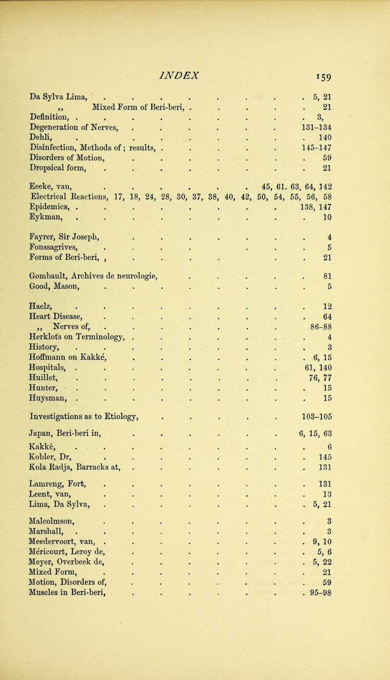 Da Sylva Lima, . . Mixed Form of Beri-beri, Definition, . Degeneration of Nerves, Dehli, Disinfection, Methods of; results, Disorders of Motion, Dropsical form, Eeeke, van, Electrical Reactions, 17, 18, 24, Epidemics, . Eykman, Fayrer, Sir Joseph, Fonssagrives, Forms of Beri-beri, , Gombault, Archives de neurologie, Good, Mason, 28, 30, 37, 38, 40, 42, . 5, 21 21 . 3, 131-134 . 140 145-147 59 21 45, 61. 63, 64, 142 50, 54, 55, 56, 58 138, 147 10 4 5 21 81 5 Haelz, Heart Disease, ,, Nerves of, Herklots on Terminology, History, Hoffmann on Kakke, Hospitals, . Huillet, Hunter, Huysman, . Investigations as to Etiology, Japan, Beri-beri in, Kakk6, . . Kobler, Dr, Kola Radja, Barracks at, Lamreng, Fort, Leent, van, Lima, Da Sylva, Malcolmson, Marshall, Meedervoort, van, Mericourt, Leroy de Meyer, Overbeek de. Mixed Form, Motion, Disorders of, Muscles in Beri-beri, 12 64 3 6, 15 61, 140 76, 77 15 15 103-105 6, 15, 63 6 145 131 131 13 5, 21 3 3 9, 10 5, 6 5, 22 21 59 95-98