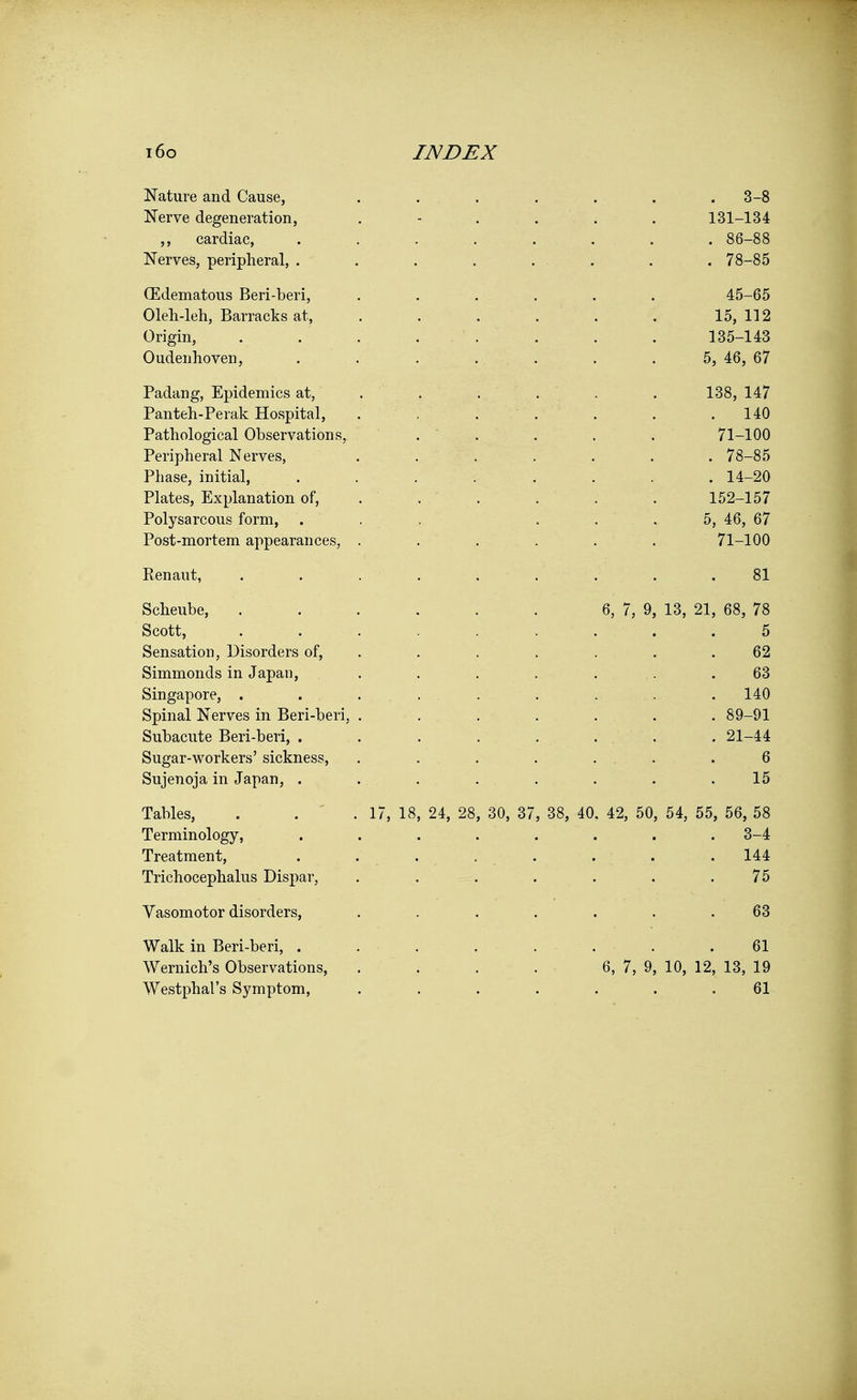 Nature and Cause, ....... 3-8 Nerve degeneration, . - . . . 131-134 cardiac, . . .. . . . . . 86-88 Nerves, peripheral, . . . . ... . . 78-85 (Edematous Beri-beri, . . . . 45-65 Oleh-leh, Barracks at, ..... 15, 112 Origin, . . . . . . . . 135-143 Oudenhoven, . . . . . . 5, 46, 67 Padang, Epidemics at, . . . . . . 138, 147 Panteh-Perak Hospital, . . . . . .140 Pathological Observations, . . . . 71-100 Peripheral Nerves, ....... 78-85 Phase, initial, ........ 14-20 Plates, Explanation of, . . . . . . 152-157 Polysarcous form, . . . . . 5, 46, 67 Post-mortem appearances, ...... 71-100 Renaut, . . . . . . .81 Scheube, . . . . . . 6, 7, 9, 13, 21, 68, 78 Scott, ......... 5 Sensation, Disorders of, . . . . . .62 Simmonds in Japan, ....... 63 Singapore, . .... . . . . 140 Spinal Nerves in Beri-beri, . ... . . . . 89-91 Subacute Beri-beri, ........ 21-44 Sugar-workers' sickness, ....... 6 Sujenoja in Japan, ........ 15 Tables, . . . 17, 18, 24, 28, 30, 37, 38, 40, 42, 50, 54, 55, 56, 58 Terminology, ........ 3-4 Treatment, . .... . . . 144 Trichocephalus Dispar, . . . . . . .75 Yasomotor disorders, ....... 63 Walk in Beri-beri, . . • . . . . . .61 Wernich's Observations, . . . . • 6, 7, 9, 10, 12, 13, 19 Westphal's Symptom, ....... 61