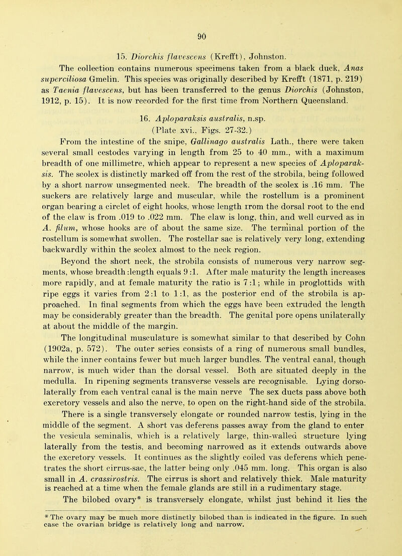 15. Diorchis flavescens (Krefft), Johnston. The collection contains numerous specimens taken from a black duck, Anas superciliosa Gmelin. This species was originally described by Krefft (1871, p. 219) as Taenia flavescens, but has been transferred to the genus Diorchis (Johnston, 1912, p. 15). It is now recorded for the first time from Northern Queensland. 16. Aploparaksis australis, n.sp. (Plate xvi.. Figs. 27-32.) From the intestine of the snipe, Gallinago australis Lath., there were taken several small cestodes varying in length from 25 to 40 mm., with a maximum breadth of one millimetre, which appear to represent a new species of Aploparak- sis. The scolex is distinctly marked off from the rest of the strobila, being followed by a short narrow unsegmented neck. The breadth of the scolex is .16 mm. The suckers are relatively large and muscular, while the rostellum is a prominent organ bearing a circlet of eight hooks, whose length irom the dorsal root to the end of the claw is from .019 to .022 mm. The claw is long, thin, and well curved as in A. filum, whose hooks are of about the same size. The terminal portion of the rostellum is somewhat swollen. The rostellar sac is relatively very long, extending backwardly within the scolex almost to the neck region. Beyond the short neck, the strobila consists of numerous very narrow seg- ments, whose breadth :length equals 9 :1. After male maturity the length increases more rapidly, and at female maturity the ratio is 7:1; while in proglottids with ripe eggs it varies from 2:1 to 1:1, as the posterior end of the strobila is ap- proached. In final segments from which the eggs have been extruded the length may be considerably greater than the breadth. The genital pore opens unilaterally at about the middle of the margin. The longitudinal musculature is somewhat similar to that described by Cohn (1902a, p. 572). The outer series consists of a ring of numerous small bundles, while the inner contains fewer but much larger bundles. The ventral canal, though narrow, is much wider than the dorsal vessel. Both are situated deeply in the medulla. In ripening segments transverse vessels are recognisable. Lying dorso- laterally from each ventral canal is the main nerve The sex ducts pass above both excretory vessels and also the nerve, to open on the right-hand side of the strobila. There is a single transversely elongate or rounded narrow testis, lying in the middle of the segment. A short vas deferens passes away from the gland to enter the vesicula seminalis, which is a relatively large, thin-walled structure lying laterally from the testis, and becoming narrowed as it extends outwards above the excretory vessels. It continues as the slightly coiled vas deferens which pene- trates the short cirrus-sac, the latter being only .045 mm. long. This organ is also small in A. crassirostris. The cirrus is short and relatively thick. Male maturity is reached at a time when the female glands are still in a rudimentary stage. The bilobed ovary* is transversely elongate, whilst just behind it lies the * The ovary may be much more distinctly bilobed than is indicated in the figure. In such case the ovarian bridge is relatively long and narrow.
