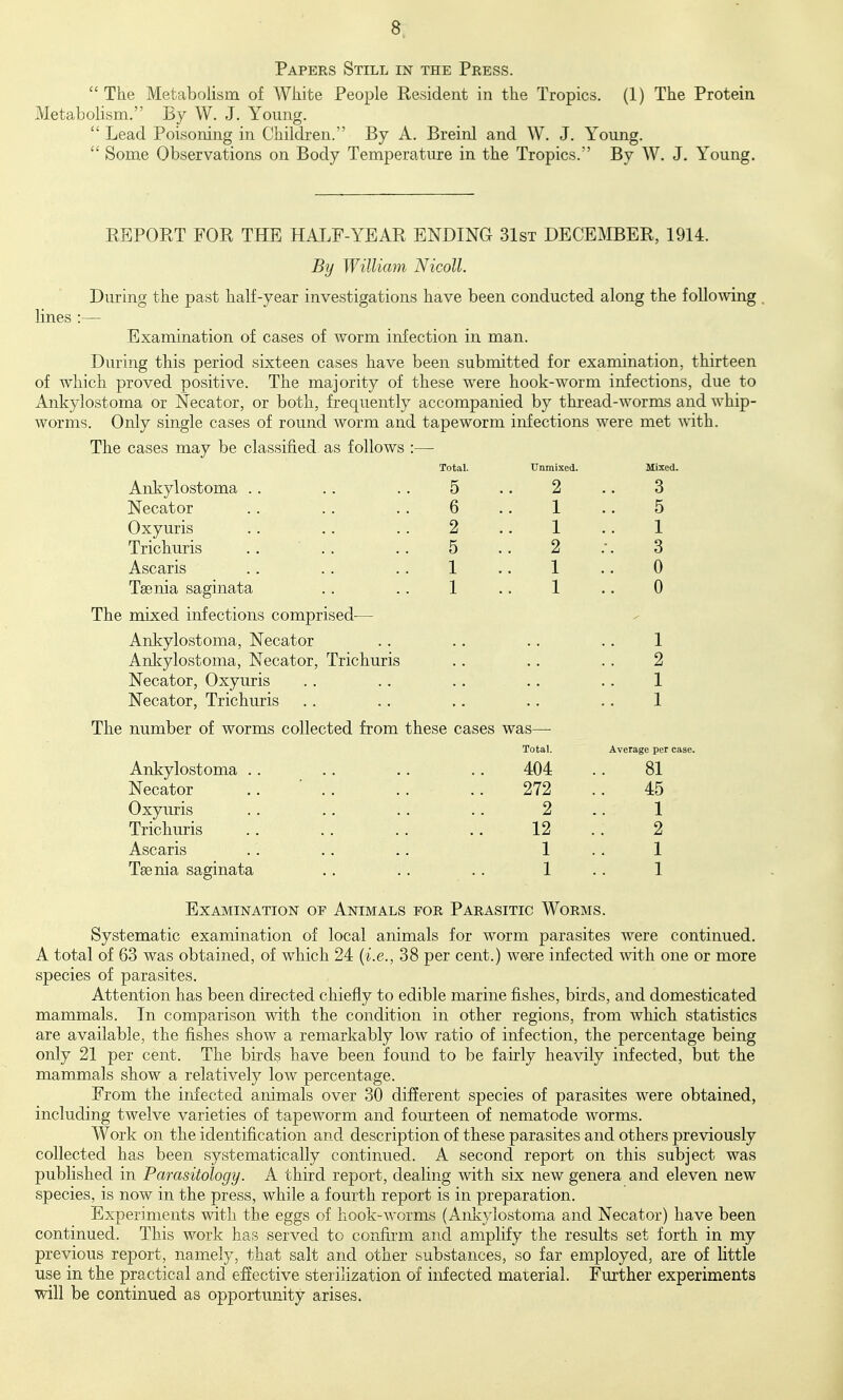 Papers Still in the Press. The Metabolism of White People Resident in the Tropics. (1) The Protein Metabolism. By W. J. Young.  Lead Poisoning in Children. By A. Breinl and W. J. Young.  Some Observations on Body Temperature in the Tropics. By W. J, Young. REPORT FOR THE HALF-YEAR ENDING 31st DECEMBER, 1914. By William Nicoll. During the past half-year investigations have been conducted along the follomng lines :— Examination of cases of worm infection in man. During this period sixteen cases have been submitted for examination, thirteen of which proved positive. The majority of these were hook-worm infections, due to Ankylostoma or Necator, or both, frequently accompanied by thread-worms and whip- worms. Only single cases of round worm and tapeworm infections were met with. The cases may be classified as follows :— Total. 5 6 2 5 1 1 Ankylostoma Necator Oxyuris Trichuris Ascaris Taenia saginata The mixed infections comprised— Ankylostoma, Necator Anlrylostoma, Necator, Trichuris Necator, Oxyuris Necator, Trichuris The number of worms collected from these cases was- Unmixed. 2 1 1 2 1 1 Ankylostoma Necator Oxyuris Trichuris Ascaris Taenia saginata Total. 404 272 2 12 1 1 Mixed. 3 5 1 3 0 0 Average per case. 81 45 1 2 1 1 Examination op Animals for Parasitic Worms. Systematic examination of local animals for worm parasites were continued. A total of 63 was obtained, of which 24 {i.e., 38 per cent.) were infected with one or more species of parasites. Attention has been directed chiefly to edible marine fishes, birds, and domesticated mammals. In comparison with the condition in other regions, from which statistics are available, the fishes show a remarkably low ratio of infection, the percentage being only 21 per cent. The birds have been found to be fairly heavily infected, but the mammals show a relatively low percentage. From the infected animals over 30 different species of parasites were obtained, including twelve varieties of tapeworm and fourteen of nematode worms. Work on the identification and description of these parasites and others previously collected has been systematically continued. A second report on this subject was published in Parasitology. A third report, dealing with six new genera and eleven new species, is now in the press, while a fourth report is in preparation. Experiments with the eggs of hook-worms (Anlvvlostoma and Necator) have been continued. This work has served to confirm and amplify the results set forth in my previous report, namely, that salt and other substances, so far employed, are of little use in the practical and effective sterilization of infected material. Further experiments will be continued as opportunity arises.