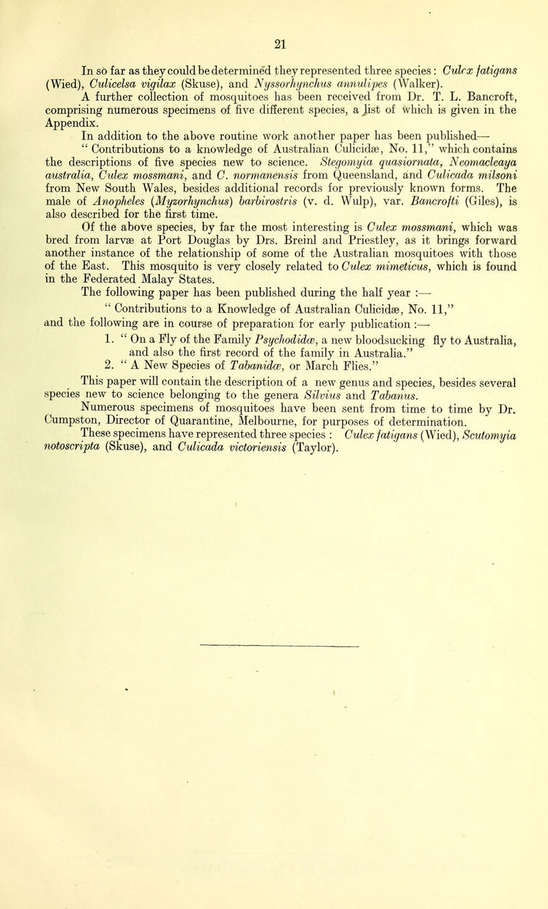 In s6 far as they could be determined they represented three species: Culrx fatigans (Wied), Culicelsa vigilax (Skuse), and Nyssorhynchus annulipes (Walker). A further collection of mosquitoevS has been received from Dr. T. L. Bancroft, comprising numerous specimens of five different species, a list of which is given in the Appendix. In addition to the above routine work another paper has been published—  Contributions to a knowledge of Australian Culicidae, No. 11, which contains the descriptions of five species new to science. Stegomyia quasiornata, Neomacleaya australia, Culex mossmani, and C. normanensis from Queensland, and Culicada milsoni from New South Wales, besides additional records for previously known forms. The male of Anopheles (Myzorhynchus) barbirostris (v. d. Wulp), var. Bancrofti (Giles), is also described for the first time. Of the above species, by far the most interesting is Culex mossmani, which was bred from larvae at Port Douglas by Drs. Breinl and Priestley, as it brings forward another instance of the relationship of some of the Australian mosquitoes with those of the East. This mosquito is very closely related to Culex mimeticus, which is found in the Federated Malay States. The following paper has been published during the half year :—  Contributions to a Knowledge of Australian CuHcidse, No. 11, and the following are in course of preparation for early publication :— 1.  On a Fly of the Family PsycJiodidce, a new bloodsucking fly to Austraha, and also the first record of the family in Australia. 2.  A New Species of Tabanidce, or March Flies. This paper will contain the description of a new genus and species, besides several species new to science belonging to the genera Silvius and Tabanus. Numerous specimens of mosquitoes have been sent from time to time by Dr. Cumpston, Director of Quarantine, Melbourne, for purposes of determination. These specimens have represented three species : Culex fatigans (Wied), Scutomyia notoscripta (Skuse), and Culicada victoriensis (Taylor).