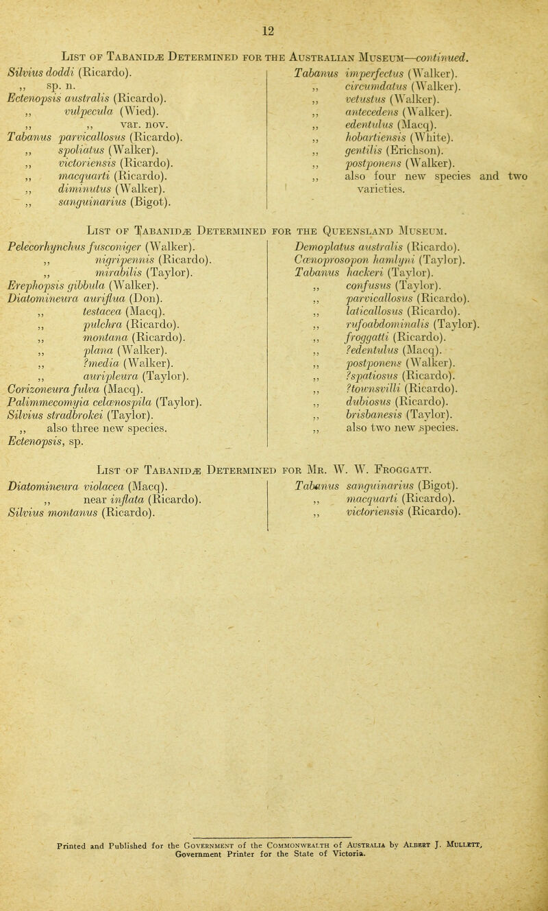 List of Tabanid^ Determined for the Silvius doddi (Ricardo). Sp. 11. Ectenopsis australis (Ricardo). vulpecula (Wied). ,, var. nov. Tabanus parvicallosus (Ricardo). spoliatus (Walker). victoriensis (Ricardo). macquarti (Ricardo). diminutus (Walker). sanguinarius (Bigot). Australian Museum—continued. Tabanus imperfectus (Walker). circumdatus (Walker). vetustus (Walker). antecedens (^^'alker). edentulus (Macq). hohartiensis (White). gentilis (Erichson). postjjonens (Walker), also four new species varieties. and two List of '^'abanid^ Determined Pelecorhynchus fmconiger (Walker). nigripennis (Ricardo). mirabilis (Taylor). Erephopsis gibbida (Walker). Diatomineura aurijiua (Don). testacea (Macq). pulchra (Ricardo). montana (Ricardo). plana (Walker). ?media (Walker). auripleura (Taylor). Corizoneura fidva (Macq). Palimmecomyia celcenospila (Taylor). Silvius stradbrokei (Taylor). also three new species. Ectenopsis, sp. for the Queensland Museum. Demoplatus australis (Ricardo). Cwnoprosopon hamlyni (Taylor). Tabanus hackeri (Taylor). confusus (Taylor). parvicallosus (Ricardo). laticallosus (Ricardo). rufoabdominalis (Taylor). froggatti (Ricardo). ?edentulus (Macq). postponens (Walker). fspatiosus (Ricardo). ?tou'nsviUi (Ricardo). dubiosus (Ricardo). brisbanesis (Taylor), also two new species. List of Tabanid^ Determined for Mr. W. W. Froggatt. Diatomineura violacea (Macq). ,, near inflata (Ricardo). Silvius montanus (Ricardo). Tabanus sanguinarius (Bigot). macquarti (Ricardo). victoriensis (Ricardo). Printed and Published for the Government of the Commonwealth of Australia by Albert J. Mullett^ Government Printer for the State of Victoria.