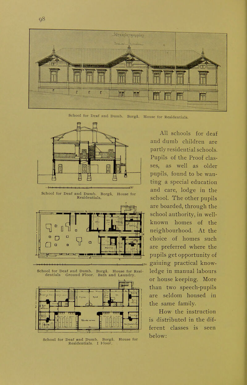 ffffffi 1 School tor Deaf and Dumb. Borgd. House for Resideutials. School for Deaf and Dumb. Borgi. Resideutials. House for m p □ ° I'l I I I I I I I I I School for Deaf and Dumb. Borg4. House for Resi dentials Ground Floor. Bath and Laundry. School for Deaf and Dumb. Borg&. Resideutials. I Hoor. House for All schools for deaf and dumb children are partl)^ residential schools. Pupils of the Proof clas- ses, as well as older pupils, found to be wan- ting a special education and care, lodge in the school. The other pupils are boarded, through the school authority, in well- known homes of the neighbourhood. At the choice of homes such are preferred where the pupils get opportunity of p!= gaining practical know- ledge in manual labours or house keeping. More than two speech-pupils are seldom housed in the same family. How the instruction is distributed in the dif- ferent classes is seen below: