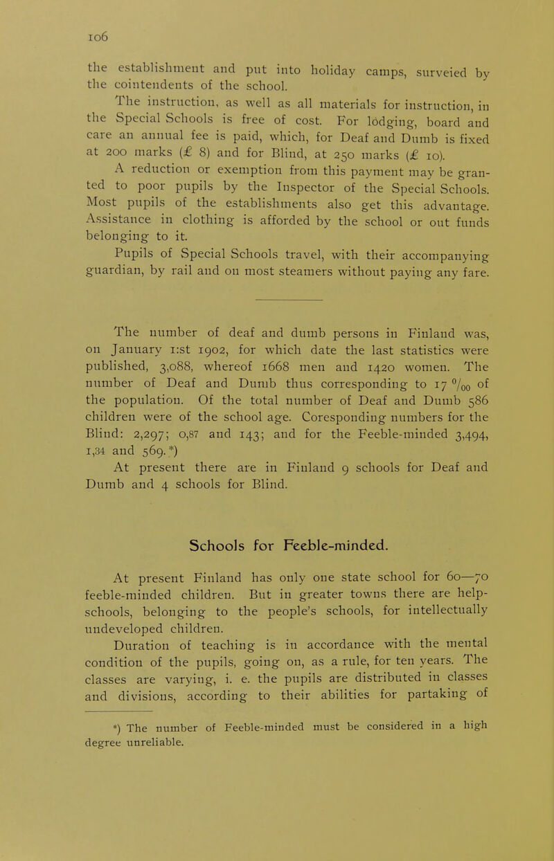 io6 the establishment and put into holiday camps, surveied by the cointendents of the school. The instruction, as well as all materials for instruction, in the Special Schools is free of cost. For lodging, board and care an annual fee is paid, which, for Deaf and Dumb is fixed at 200 marks (£ 8) and for Blind, at 250 marks (£ 10). A reduction or exemption from this payment may be gran- ted to poor pupils by the Inspector of the Special Schools. Most pupils of the establishments also get this advantage. Assistance in clothing is afforded by the school or out funds belonging to it. Pupils of Special Schools travel, with their accompanying guardian, by rail and on most steamers without paying any fare. The number of deaf and dumb persons in Finland was, on January i:st 1902, for which date the last statistics were published, 3,088, whereof 1668 men and 1420 women. The number of Deaf and Dumb thus corresponding to 17 7oo the population. Of the total number of Deaf and Dumb 586 children were of the school age. Coresponding numbers for the Blind: 2,297; o,87 and 143; and for the Feeble-minded 3,494, 1,34 and 569. *) At present there are in Finland 9 schools for Deaf and Dumb and 4 schools for Blind. Schools for Feeble-minded. At present Finland has only one state school for 60—70 feeble-minded children. But in greater towns there are help- schools, belonging to the people's schools, for intellectually undeveloped children. Duration of teaching is in accordance with the mental condition of the pupils, going on, as a rule, for ten years. The classes are varying, i. e. the pupils are distributed in classes and divisions, according to their abilities for partaking of *) The number of Feeble-minded must be considered in a high degree unreliable.