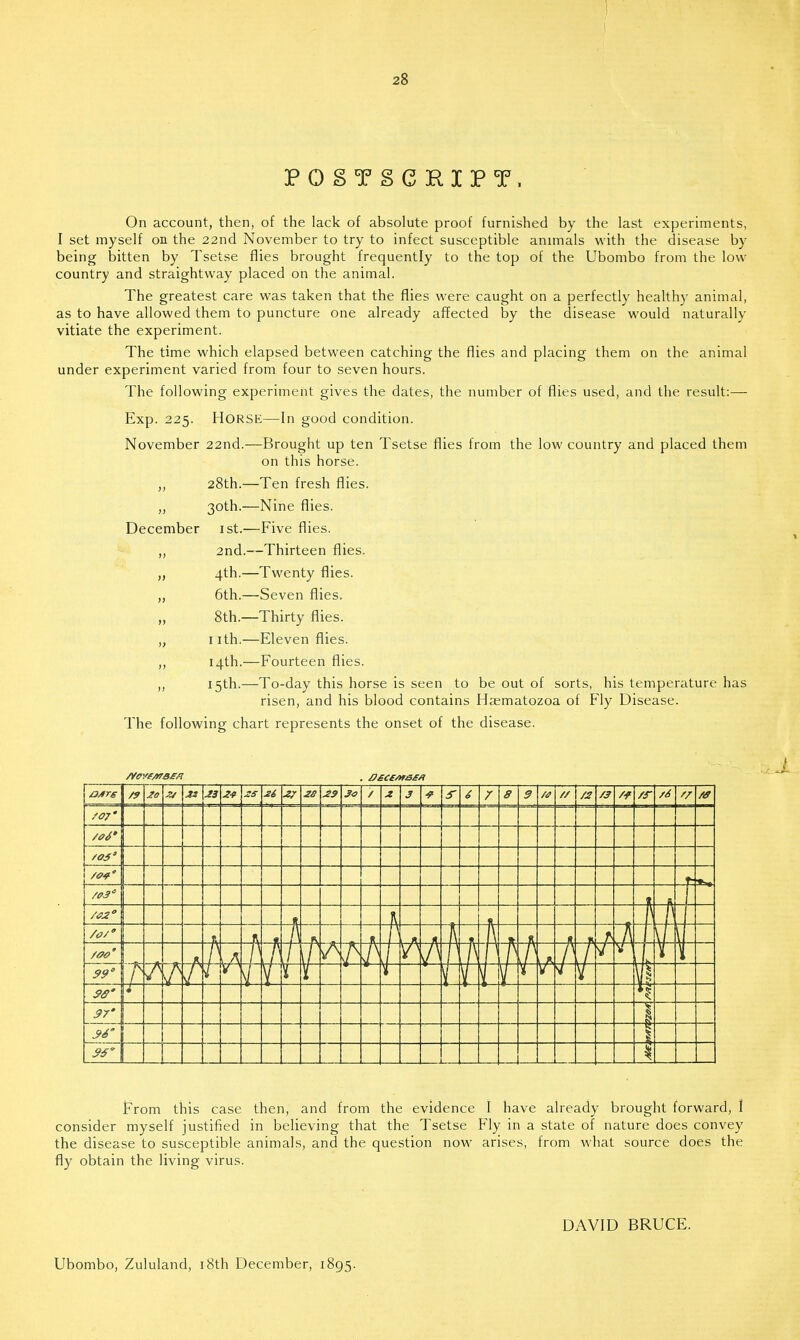 !P 0 S 3P §> Qj 3R, I P T i On account, then, of the lack of absolute proof furnished by the last experiments, I set myself on the 22nd November to try to infect susceptible animals with the disease by being bitten by Tsetse flies brought frequently to the top of the Ubombo from the low country and straightway placed on the animal. The greatest care was taken that the flies were caught on a perfectly healthy animal, as to have allowed them to puncture one already affected by the disease would naturally vitiate the experiment. The time which elapsed between catching the flies and placing them on the animal under experiment varied from four to seven hours. The following experiment gives the dates, the number of flies used, and the result:— Exp. 225. HORSE—In good condition. November 22nd.—Brought up ten Tsetse flies from the low country and placed them on this horse. ,, 28th.—Ten fresh flies. ,, 30th.—Nine flies. December 1st.—Five flies. ,, 2nd.—Thirteen flies. ,, 4th.—Twenty flies. ,, 6th.—Seven flies. 8th.—Thirty flies. ,, nth.—Eleven flies. ,, 14th.—Fourteen flies. ,, 15th.—To-day this horse is seen to be out of sorts, his temperature has risen, and his blood contains Haematozoa of Fly Disease. The following chart represents the onset of the disease. From this case then, and from the evidence I have already brought forward, 1 consider myself justified in believing that the Tsetse Fly in a state of nature does convey the disease to susceptible animals, and the question now arises, from what source does the fly obtain the living virus. DAVID BRUCE. Ubombo, Zululand, 18th December, 1895.