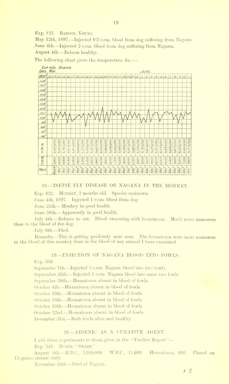 Exp. 425. Baboon, Young. May 12th, 1897.—Injected 0'2 c.cm. blood from dog suffering from Nagana. June 4th.—Injected 2 c.cm. blood from dog suffering from Nagana. August 4th.—Baboon healthy. The following chart gives the temperature, &c.:— Lxp42s. Baboon Date.. May. . June. 1897 12 1$ 14 it 17 If) 2/ 22 §5 .7 50 3( 2 4 7 e ■- IQ 108° 107° 106° 105° 104° 0 lOi o 102 tor s/\ i IOO° -\ t / 1 \t / 7s * t 39° Y 98° 97° 96° R. B. C. o o x) •0 o 8 s 5,740,OOo\ 5,6I0,000\ o o o CT $ xf Q 8 X) Q Q O Q K X) X) o Q Q cr ? xf s Q O Cj >0 TT 5,620,0001 5,500,000\ o 8 cr xT 1 «) XT 5J xT 5,500,000 S,59Q000\ 5,a/opoo\ |000'009'S' 5,740,000\ 8 Q a 8 xr Q | XT Q O Q ' 5 X) x) 5,5/0,000 5,5 70,000[ o o Q X) b&80pO0\ 56/0,000 8 § M Q xr 5,8/0,000\ S,7IO,000\ w. B. C. o I ! S o Q 00 o 8 8 =0 o o c> o 8 1 o 5 8 c\L X) I o o o •r; o 5 a sj o 8 o-; 8 00 CO o O or o a o SJ5 c o □ c 8 8 CO o 'O ;Q 0) o o c. Li 8 c 8 0i Ha\m. % 52 3 •a a 52 3 3 3 3 a a a H to a a a a 3 a a a 8 a to <0 18.—TSETSE ELY DISEASE OE NAGANA IN THE MONKEY. l^xp. 423. Monkey, 2 months old. Species unknown. .I une 4th, 1897. Injected 1 c.cm. blood from dog. June 25th.—Monkey in good health. June 30th.—Apparently in good health. July 4th.—Kefuses to eat. Blood swarming with hsematozoa. Much more numerous than in the blood of the dog. July 6th.—Died. Remarks.—This is getting perilously near man. The luematozoa were more numerous in the blood of this monkey than in the blood of any animal I have examined. 19.—INJECTION OF NAGANA BLOOD INTO FOWLS. Exp. 350, September 7th.—Injected 5 c.cm. Nagana blood into two fowls. September 25th.—Injected 5 c.cm. Nagana blood into same two fowls. September 30th.—Hsematozoa absent in blood of fowls. October 4th.—Hcematozoa absent in blood of fowls. October 10th.—Hsematozoa absent in blood of fowls. October 16th.—Hsematozoa absent in blood of fowls. October 18th.—Hsematozoa absent in blood of fowls. October 22nd.—Hsematozoa absent in bl 1 of fowls. December 31st.—Both fowls alive and healthy. 20.—ARSENIC AS A CURATIVE AGENT. 1 add three experiments to those given in the  Further Report — Exp. 345. Horse,  Sweep. August 6th.—R.B.C., 3,910,000. W.B.C., 11,000. Hsematozoa, 800. Placed on 12 grains arsenic daily. November 26th.—Died of Nagana. p 2