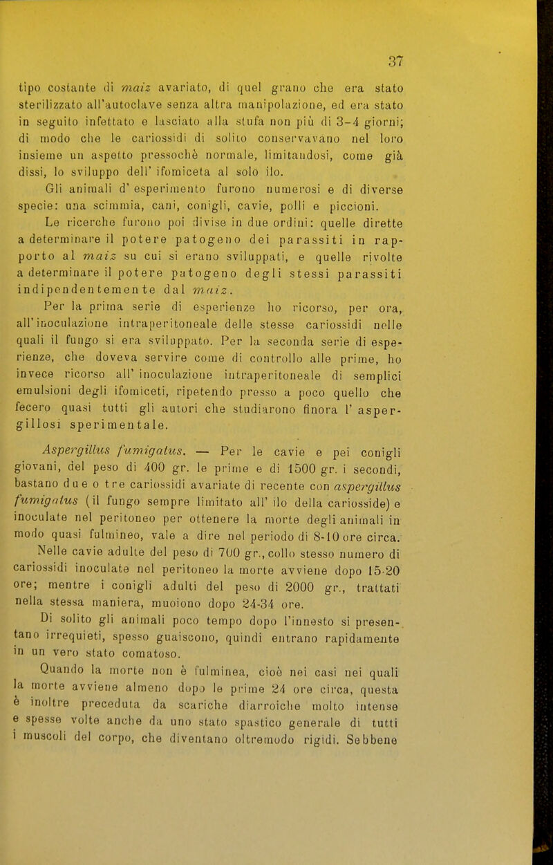 tipo costante di maiz avariato, di quel grano che era stato sterilizzato all'autoclave senza altra manipolazione, ed era stato in seguito infettato e lasciato alla stufa non più di 3-4 giorni; di modo che le cariossidi di solito conservavano nel loro insieme un aspetto pressoché normale, limitandosi, come già dissi, lo sviluppo dell' ifomiceta al solo ilo. Gli animali d' esperimento furono numerosi e di diverse specie: una scimmia, cani, conigli, cavie, polli e piccioni. Le ricerche furono poi divise in due ordini: quelle dirette a determinare il potere patogeno dei parassiti in rap- porto al maiz su cui si erano sviluppati, e quelle rivolte a determinare il potere patogeno degli stessi parassiti indipendentemente dal m.diz. Per la prima serie di esperienze ho ricorso, per ora, all'inoculazione intraperitoneale delle stesse cariossidi nelle quali il fungo si era sviluppato. Per la seconda serie di espe- rienze, che doveva servire come di controllo alle prime, ho invece ricorso all' inoculazione intraperitoneale di semplici emulsioni degli ifomiceti, ripetendo presso a poco quello che fecero quasi tutti gli autori che studiarono finora 1' asper- gillosi sperimentale. Aspergillus fumigatus. — Per le cavie e pei conigli giovani, del peso di 400 gr. le prime e di 1500 gr. i secondi, bastano due o tre cariossidi avariate di recente con aspergillus fumigatus (il fungo sempre limitato all' ilo della cariosside) e inoculate nel peritoneo per ottenere la morte degli animali in modo quasi fulmineo, vale a dire nel periodo di 8-10 ore circa. Nelle cavie aduUe del peso di 700 gr., collo stesso numero di cariossidi inoculate nel peritoneo la morte avviene dopo 15-20 ore; mentre i conigli adulti del peso di 2000 gr, trattati nella stessa maniera, muoiono dopo 24-34 ore. Di solito gli animali poco tempo dopo l'innesto si presen-. tano irrequieti, spesso guaiscono, quindi entrano rapidamente in un vero stato comatoso. Quando la morte non è fulminea, cioè nei casi nei quali la morte avviene almeno dopo le prime 24 ore circa, questa è inoltre preceduta da scariche diarroiche molto intense e spesse volte anche da uno stato spastico generale di tutti i muscoli del corpo, che diventano oltremodo rigidi. Sebbene