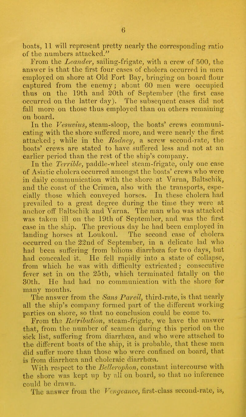 boats, 11 will represent pretty nearly the corresponding ratio of the numbers attacked/^ From the Lcander, sailing-frigate, with a crew of 500, the answer is that the first four cases of cholera occurred in men employed on shore at Old Fort Bay, bringing on board flour captured from the enemy; about 60 men were occupied thus on the 19th and 20th of September (the first case occurred on the latter day). The subsequent cases did not fall more on those thus employed than on others remaining on board. In the Vesuvius, steam-sloop, the boats' crews communi- cating with the shore sufi'ered more, and were nearly the first attacked ; while in the Rodney, a screw second-rate, the boats' crews are stated to have suffered less and not at an earlier period than the rest of the ship's company. In the Terrible, paddle-wheel steam-frigate, only one case of Asiatic cholera occurred amongst the boats' crews who were in daily communication with the shore at Varna, Baltschik, and the coast of the Crimea, also with the transports, espe- cially those which conveyed horses. In these cholera had prevailed to a great degree during the time they were at anchor off Raltschik and Varna. The man who was attacked was taken ill on the 19th of September, and was the first case in the ship. The previous day he had been employed in landing horses at Loukoul. The second case of cholera occurred on the 22nd of September, in a delicate lad who had been suffering from bilioiis diarrhoea for two days, but had concealed it. He fell rapidly into a state of collapse, from which he was with difficulty extricated; consecutive fever set in on the 25th, which terminated fatally on the 30th. He had had no communication with the shore for many months. The answer from the Sans Pareil, third-rate, is that nearly all the ship's compiiny formed part of the different working parties on shore, so that no conckision could be come to. From ths Ileiribution, steam-frigate, we have the answer that, from the number of seamen during this period on the sick list, suffering from diarrhoea, and who were attached to the different boats of the ship, it is probable, that these men did suffer more than those who were confined on board, that is from diarrhoea and choleraic diarrhoea. With respect to the Bcllerophon, constant intercourse with the shore was kept up by all on board, so that no inference could be drawn. The answer from the Vengeance, first-class second-rate, is,