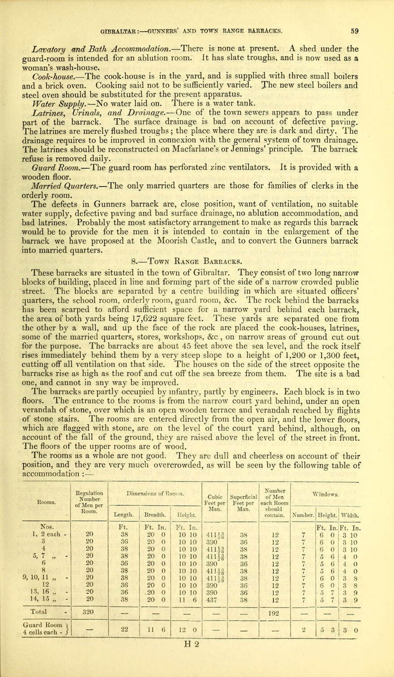 Lavatory and Bath Accommodation.—There is none at present. A shed under the guard-room is intended for an ablution room. It has slate troughs, and is now used as a woman's wash-house. Cook-house.—The cook-house is in the yard, and is supplied with three small boilers and a brick oven. Cooking said not to be sufficiently varied. Xhe new steel boilers and steel oven should be substituted for the present apparatus. Water Supply.—No water laid on. There is a water tank. Latrines, Urinals, and Drainage.—One of the town sewers appears to pass under part of the barrack. The surface drainage is bad on account of defective paving. The latrines are merely flushed troughs ; the place where they are is dark and dirt}^. The drainage requires to be improved in connexion with the general system of town drainage. The latrines should be reconstructed on Macfarlane's or Jennings' principle. The barrack refuse is removed daily. Guard Room.—The guard room has perforated zinc ventilators. It is provided with a wooden floor. Married Quarters.—The only married quarters are those for families of clerks in the orderly room. The defects in Gunners barrack are, close position, want of ventilation, no suitable water supply, defective paving and bad surface drainage, no ablution accommodation, and bad latrines. Probably the most satisfactory arrangement to make as regards this barrack would be to provide for the men it is intended to contain in the enlargement of the barrack we have proposed at the Moorish Castle, and to convert the Gunners barrack into married quarters. 8.—Town Range Barracks. These barracks are situated in the town of Gibraltar. They consist of two long narrow blocks of building, placed in line and forming part of the side of a narrow crowded public street. The blocks are separated by a centre building in which are situated officers' quarters, the school room, orderly room, guard room, &c. The rock behind the barracks has been scarped to afford sufficient space for a narrow yard behind each barrack, the area of both yards being 17,622 square feet. These yards are separated one from the other by a wall, and up the face of the rock are placed the cook-houses, latrines, some of the married quarters, stores, workshops, &c, on narrow areas of ground cut out for the purpose. The barracks are about 45 feet above the sea level, and the rock itself rises immediately behind them by a very steep slope to a height of 1,200 or 1,300 feet, cutting off all ventilation on that side. The houses on the side of the street opposite the barracks rise as high as the roof and cut off the sea breeze from them. The site is a bad one, and cannot in any way be improved. The barracks are partly occupied by infantry, partly by engineers. Each block is in two floors. The entrance to the rooms is from the narrow court yard behind, under an open verandah of stone, over which is an open Avooden terrace and verandah reached by flights of stone stairs. The rooms are entered directly from the open air, and the lower floors, which are flagged with stone, are on the level of the court yard behind, although, on account of the fall of the ground, they are raised above the level of the street in front. The floors of the upper rooms are of wood. The rooms as a whole are not good. They are dull and cheerless on account of their position, and they are very much overcrowded, as will be seen by the following table of accommodation :— Rooms. Regulation Number of Men per Room. Dimensions of Roods. Cubic Feet per Man. Superficial Feet per Man. Number of Men each Room should contain. Windows. Length. Breadth. Height. Number. Height. Width. Nos. 1, 2 each - 3 4 5, 7 „ - 6 8 9, 10, 11 „ - 12 13, 16 „ - 14, 15 „ - 20 20 20 20 20 20 20 20 20 20 Ft. 38 36 38 38 36 38 38 36 36 38 Ft. In. 20 0 20 0 20 0 20 0 20 0 20 0 20 0 20 0 .20 0 20 0 Ft. In. 10 10 10 10 10 10 10 10 10 10 10 10 10 10 10 10 10 10 11 6 41 m 3.90 411*3 mU 390 411|| 41 390 390 437 38 36 38 38 36 38 38 36 36 38 12 12 12 12 12 12 12 12 12 12 7 7 7 7 < i 7 7 7 7 Ft. In. 6 0 6 0 6 0 5 6 5 6 5 6 6 0 6 0 5 7 5 7 Ft. In. 3 10 3 10 3 10 4 0 4 0 4 0 3 8 3 8 3 9 3 9 Total 320 192 _ Guard Room 1 4 cells each - J 22 11 6 12 0 2 5 3 3 0