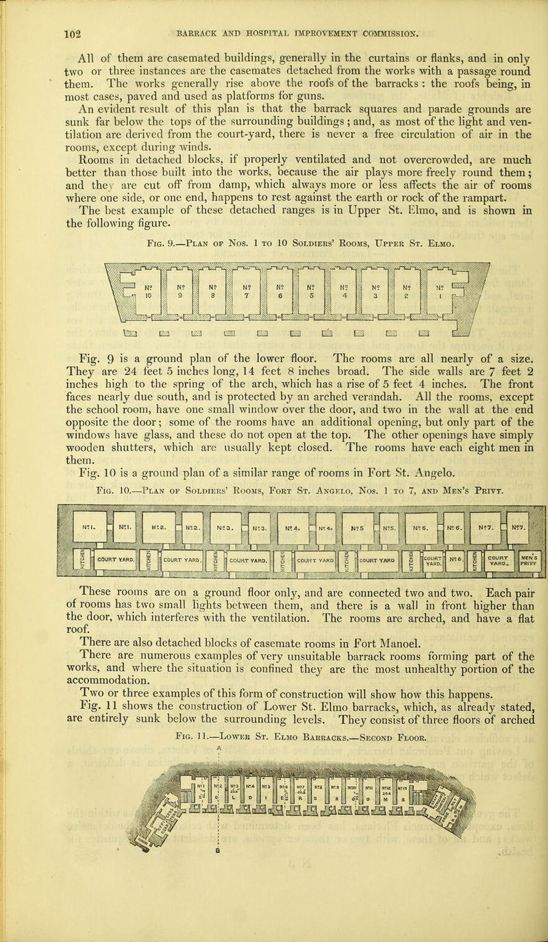 All of them are casemated buildings, generally in the curtains or flanks, and in only two or three instances are the casemates detached from the works with a passage round them. The works generally rise above the roofs of the barracks : the roofs being, in most cases, paved and used as platforms for guns. An evident result of this plan is that the barrack squares and parade grounds are sunk far below the tops of the surrounding buildings ; and, as most of the light and ven- tilation are derived from the court-yard, there is never a free circulation of air in the rooms, except during winds. Rooms in detached blocks, if properly ventilated and not overcrowded, are much better than those built into the works, because the air plays more freely round them; and the)' are cut off from damp, which always more or less affects the air of rooms where one side, or one end, happens to rest against the earth or rock of the rampart. The best example of these detached ranges is in Upper St. Elmo, and is shown in the following figure. Fig. 9.—Plan op Nos. 1 to 10 Soldiers' Rooms, Upper St. Elmo. Fig. 9 is a ground plan of the lower floor. The rooms are all nearly of a size. They are 24 feet 5 inches long, 14 feet 8 inches broad. The side walls are 7 feet 2 inches high to the spring of the arch, which has a rise of 5 feet 4 inches. The front faces nearly due south, and is protected by an arched verandah. All the rooms, except the school room, have one small window over the door, and two in the wall at the end opposite the door; some of the rooms have an additional opening, but only part of the windows have glass, and these do not open at the top. The other openings have simply wooden shutters, which are usually kept closed. The rooms have each eight men in them. Fig. 10 is a ground plan of a similar range of rooms in Fort St. Angelo. Fig. 10.—Plan op Soldiers' Rooms, Fort St. Angelo, Nos. 1 to 7, and Men's Privy. N?2. n NI3. mn N?4-i |§ I W/ M?5. J p | H°. 6. \ I-pJ n?7- E WWM W/M These rooms are on a ground floor only, and are connected two and two. Each pair of rooms hast wo small lights between them, and there is a wall in front higher than the door, which interferes with the ventilation. The rooms are arched, and have a flat roof. There are also detached blocks of casemate rooms in Fort Manoel. There are numerous examples of very unsuitable barrack rooms forming part of the works, and where the situation is confined they are the most unhealthy portion of the accommodation. Two or three examples of this form of construction will show how this happens. Fig. 11 shows the construction of Lower St. Elmo barracks, which, as already stated, are entirely sunk below the surrounding levels. They consist of three floors of arched Fig. 11.—Lower St. Elmo Barracks.—Second Floor.