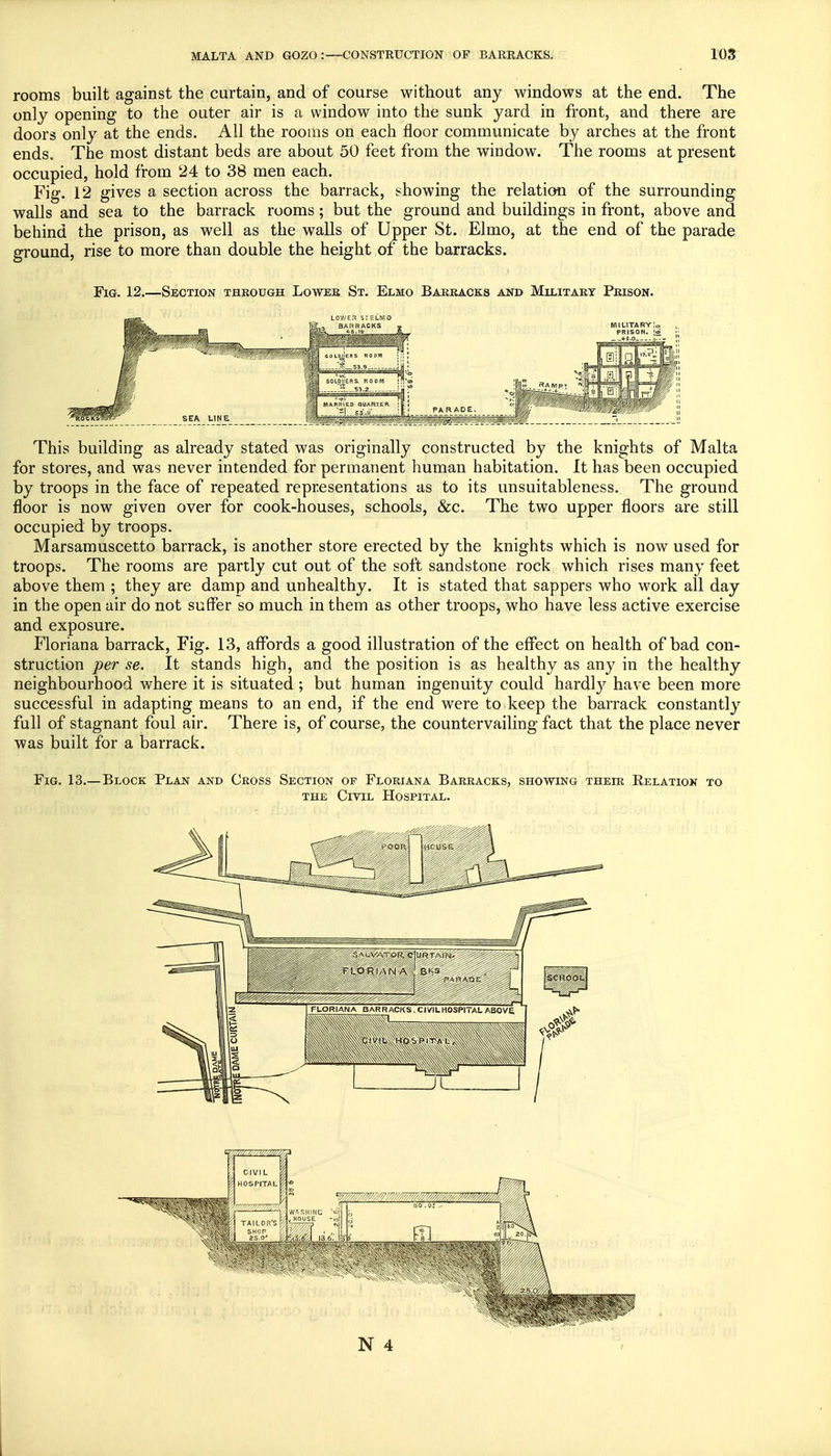 rooms built against the curtain, and of course without any windows at the end. The only opening to the outer air is a window into the sunk yard in front, and there are doors only at the ends. All the rooms on each floor communicate by arches at the front ends. The most distant beds are about 50 feet from the window. The rooms at present occupied, hold from 24 to 38 men each. Fig. 12 gives a section across the barrack, showing the relation of the surrounding walls and sea to the barrack rooms; but the ground and buildings in front, above and behind the prison, as well as the walls of Upper St. Elmo, at the end of the parade ground, rise to more than double the height of the barracks. Fig. 12.—Section through Lower St. Elmo Barracks and Military Prison. This building as already stated was originally constructed by the knights of Malta for stores, and was never intended for permanent human habitation. It has been occupied by troops in the face of repeated representations as to its unsuitableness. The ground floor is now given over for cook-houses, schools, &c. The two upper floors are still occupied by troops. Marsamuscetto barrack, is another store erected by the knights which is now used for troops. The rooms are partly cut out of the soft sandstone rock which rises many feet above them ; they are damp and unhealthy. It is stated that sappers who work all day in the open air do not suffer so much in them as other troops, who have less active exercise and exposure. Floriana barrack, Fig. 13, affords a good illustration of the effect on health of bad con- struction per se. It stands high, and the position is as healthy as any in the healthy neighbourhood where it is situated ; but human ingenuity could hardty have been more successful in adapting means to an end, if the end were to keep the barrack constantly full of stagnant foul air. There is, of course, the countervailing fact that the place never was built for a barrack. Fig. 13.—Block Plan and Cross Section op Floriana Barracks, showing their Relation to the Civil Hospital.