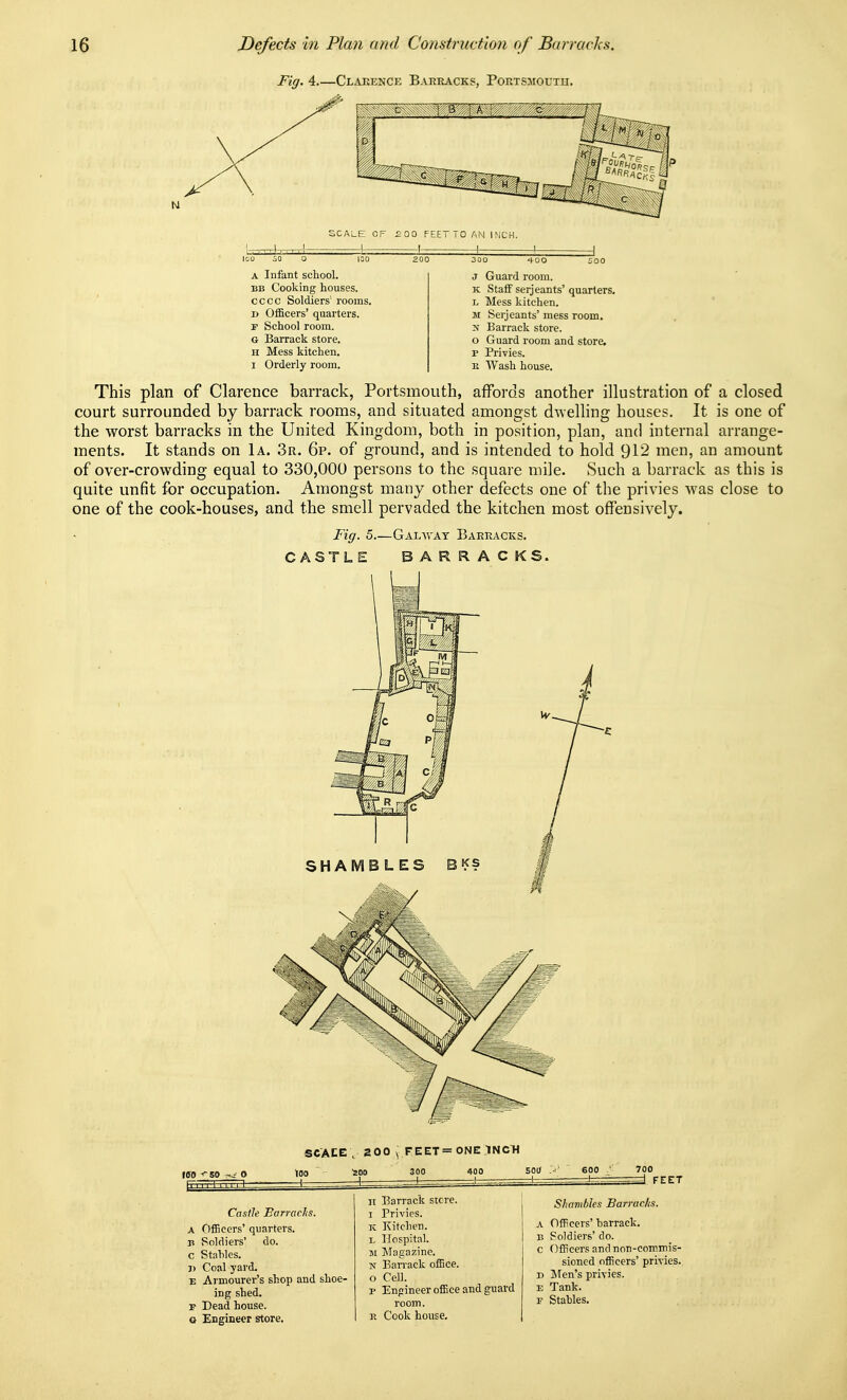 Fig. 4 Clajbence Baeracks, Portsmouth. SCALE OF £00 FEET TO AN INCH. ! 1 1 I -d A Infant school. BB Cooking houses, cccc Soldiers rooms. D Officers' quarters. F School room. G Barrack store. H Mess kitchen. I Orderly room. 300 -fOO J Guard room. K Staff Serjeants' quarters, L Mess kitchen. M Serjeants' mess room, X Barrack store. o Guard room and store. p Privies. R Wash house. This plan of Clarence barrack, Portsmouth, affords another illustration of a closed court surrounded by barrack rooms, and situated amongst dwelling houses. It is one of the worst barracks in the United Kingdom, both in position, plan, and internal arrange- ments. It stands on 1a. 3r. 6p. of ground, and is intended to hold 912 men, an amount of over-crowding equal to 330,000 persons to the square mile. Such a barrack as this is quite unfit for occupation. Amongst many other defects one of the privies was close to one of the cook-houses, and the smell pervaded the kitchen most offensively. Fig. 5.—Galway Barracks. CASTLE BARRACKS. SHAMBLES B^s SCACE loo 200 V FEET = ONE INCH 300 —1— 400 Castle Barraclis. A Officers' quarters, n Soldiers' do. c Stnhles. I) Coal yard. E Armourer's shop and shoe- ing shed. F Dead house. Qt Engineer store. SOiJ 600 FEET II Barrack store. I Privies. K Kitchen. I. Hospital, n Magazine. N Ban ack office, o Cell. p Engineer office and guard room. E Cook house. Shambles Barrac/is. A Officers' barrack. B Soldiers' do. c Officers and non-commis- sioned officers' privies. D Men's privies. E Tank, r Stables.