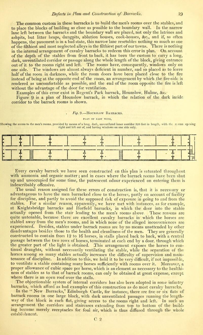 The common custom in tliese barracks is to build the men's rooms over the stables, and to place the blocks of building as close as possible to the boundary wall. In the narrow lane left between the barracks and the boundary wall are placed, not only the latrines and ashpits, but litter heaps, dungpits, ablution houses, cook-houses, &c., and if, as often happens, the pavement is in a bad state, this narrow lane resembles nothing so much as one of the filthiest and most neglected alleys in the filthiest part of our towns. There is nothing in the internal arrangement of cavalry barracks to redeem this error in plan. On account of the depth of the stables from front to back, it has been the custom to carry a long, dark, unventilated corridor or passage along the whole length of the block, giving entrance out of it to the rooms right and left. The rooms have, consequently, windows only on one side. The windows are almost always deficient in number, and so placed as to leave half of the room in darkness, while the room doors have been placed close to the fire instead of being at the opposite end of the room, an arrangement by which the fire-side is rendered as uncomfortable as possible, and the end of the room opposite the fire is left without the advantaore of the door for ventilation. CD Examples of this error exist in Regent's Park barrack, Hounslow, Hulme, &c.- Figure 9 is a plan of Hounslow barrack, in which the relation of the dark intiidn corridor to the barrack rooms is shown. Fig. 9.—IIoDNSi.ow Barracks. PLAN or EAST WIXG, Showing the access to the men's rooms, provided by means of a long, dark, unventilated inner corridor 320 feet in length, with ths rc oms opening right and left out of, and having windows on one side only. Every cavalry barrack we have seen constructed on this plan is saturated throughout with ammonia and organic matter ; and in cases where the barrack rooms have been shut up and unoccupied for some time, the putrescent odour experienced on entering them is indescribably offensive. The usual reason assigned for these errors of construction is, that it is necessary or advantageous to have the men barracked close to the horses, partly on account of facility for discipline, and partly to avoid the supposed risk of exposure in going to and from the stables. For a similar reason, apparentl}', we have met with instances, as for example, at Knightsbridge barracks and Horfield barracks, in which the door into the stable actually opened from the stair leading to the men's rooms above. These reasons are quite untenable, because there are excellent cavalry barracks in which the horses are stabled away from the men's rooms, and in which none of the alleged inconveniences are experienced. Besides, stables under barrack rooms are by no means unattended by other disadvantages besides those to the health and cleanliness of the men. They are generally constructed to contain from 12 to 16 horses, in stalls placed back to back, with a central passage between the two rows of horses, terminated at each end by a door, through which the greater part of the light is obtained. This arrangement exposes the horses to con- tinual draughts, without necessarily ventilating the stable, while the separation of the horses among so many stables actually increases the difficulty of supervision and main- tenance of discipline. In addition to this, we hold it to be very difficult, if not impossible, to ventilate a stable containing many horses sufficiently with rooms over it. Moreover, a proper allowance of cubic space per horse, M'hich is an element as necessary to the healthi- ness of stables as to that of barrack rooms, can only be obtained at great expense, except where there is a,n open roof over the stalls. The objectionable system of internal corridors has also been adopted in some infantry barracks, which afford as bad examples of this construction as do most cavalry barracks. In the  New Barracks, Edinburgh Castle, for instance, there are five or six flats of barrack rooms in one large block, with dark unventilated passages running the length- way of the block in each flat, giving access to the rooms right and left. In such an arrangement the corridors and staircases extending from top to bottom of the build- ing become merely receptacles for foul air, which is thus diffused through the whole establishment.