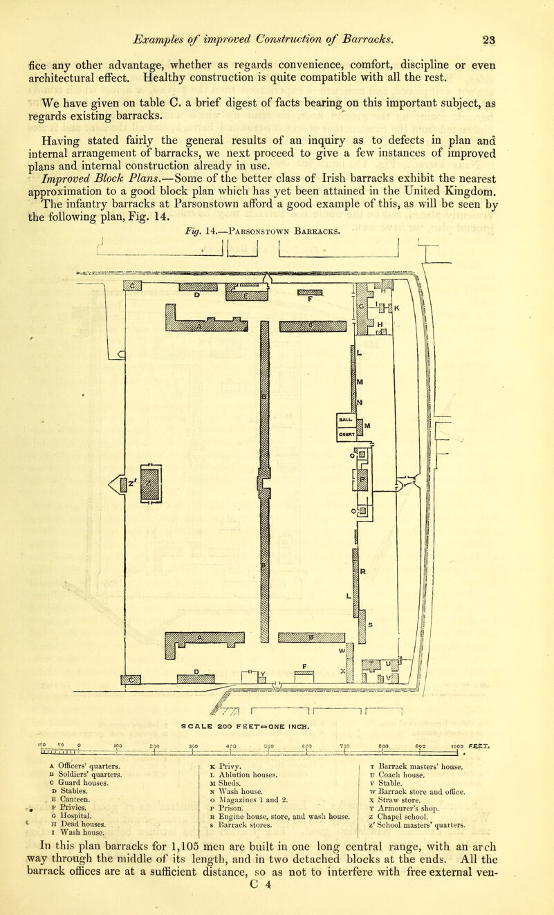 fice any other advantage, whether as regards convenience, comfort, discipline or even architectural effect. Healthy construction is quite compatible with all the rest. We have given on table C. a brief digest of facts bearing on this important subject, as regards existing barracks. Having stated fairly the general results of an inquiry as to defects in plan and internal arrangement of barracks, we next proceed to give a few instances of improved plans and internal construction already in use. Improved Block Plans.—Some of the better class of Irish barracks exhibit the nearest approximation to a good block plan which has yet been attained in the United Kingdom. The infantry barracks at Parsonstown afford a good example of this, as will be seen by the following plan, Fig. 14. Fig. 14.—Parsonstown Barracks. SCALE 200 FEET^ONE INCH. crrm-i-m A Officers' quarters. B Soldiers' quarters, c Guard houses. D Stables. E Canteen, r Privies. G Hospital. H Dead houses. 1 Wash house. coo 700 -1— 800 -1 — 1000 FgFT. K Privy. L Ablution houses. M Sheds. N Wash house. o JIagazines 1 and 2. p Prison. R Engine house, store, and wasli house, s P<arrack stores. T Barrack masters' house, u Coach house. V Stable. w Barrack store and office. X Straw store. T Armourer's shop. z Chapel school. z' School masters' quarters. In this plan barracks for 1,105 men are built in one long central range, with an arch way through the middle of its length, and in two detached blocks at the ends. All the barrack offices are at a sufficient distance, so as not to interfere with free external veu- C 4