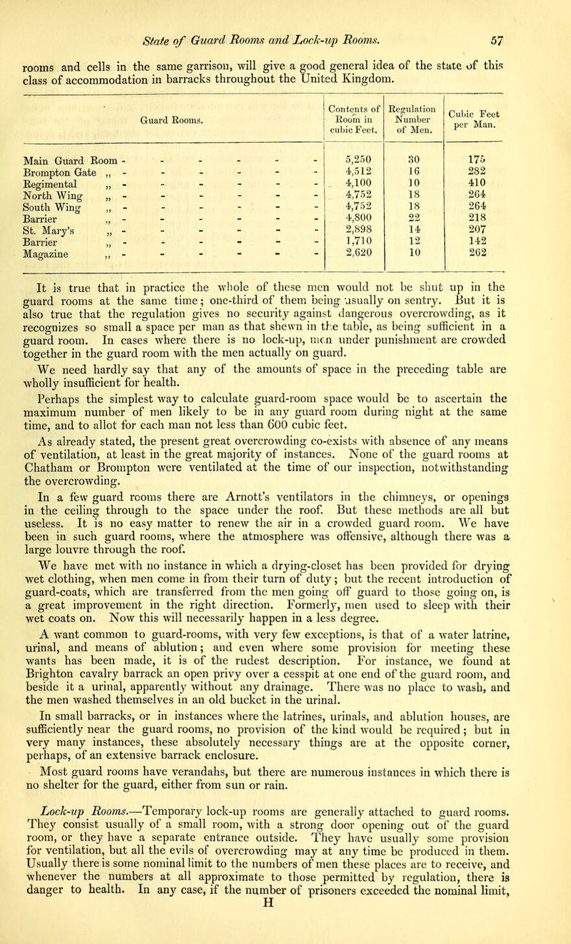 State of Guard Rooms and Lock-up Rooms. 37 rooms and cells in the same garrison, will give a good general idea of the state of this class of accommodation in barracks throughout the United Kingdom. 1 11 o T» i-c r\ r\irf \ a IjrUa-rCl IvOUinb. T?nriTYi in -LVlJWlll 111 cubic Feet. iVtr^ UlciLlUil of Men. Cubic Feet per Man. Main Guard Room ------ 5,250 30 175 Brompton Gate „ - 4,512 16 282 iiegimental „ - - - - - ■5?, iUlJ J u North Wing „ - 4,752 18 264 South Wing „ - 4,752 18 264 Barrier „ - 4,800 22 218 St. Mary's „ - 2,898 14 207 Barrier „ - - - - 1,710 12 142 Magazine „ - 2,620 10 262 It is true that in practice the whole of these men would not be shut up in the guard rooms at the same time; one-third of them being usually on sentry. But it is also true that the regulation gives no security against dangerous overcrowding, as it recognizes so small a space per man as that shewn in the table, as being sufficient in a guard room. In cases where there is no lock-up, men under punishment are crowded together in the guard room with the men actually on guard. We need hardly say that any of the amounts of space in the preceding table are wholly insufficient for health. Perhaps the simplest way to calculate guard-room space would be to ascertain the maximum number of men likely to be in any guard room during night at the same time, and to allot for each man not less than 6OO cubic feet. As already stated, the present great overcrowding co-exists with absence of any means of ventilation, at least in the great majority of instances. None of the guard rooms at Chatham or Brompton were ventilated at the time of our inspection, notwithstanding the overcrowding. In a few guard rooms there are Arnott's ventilators in the chimneys, or openings in the ceiling through to the space under the roof. But these methods are all but useless. It is no easy matter to renew the air in a crowded guard room. We have been in such guard rooms, where the atmosphere was offensive, although there was a large louvre through the roof. We have met with no instance in which a drying-closet has been provided for drying wet clothing, when men come in from their turn of duty; but the recent introduction of guard-coats, which are transferred from the men going off guard to those going on, is a great improvement in the right direction. Formerl}-, men used to sleep with their wet coats on. Now this will necessarily happen in a less degree. A want common to guard-rooms, with very few exceptions, is that of a water latrine, urinal, and means of ablution; and even where some provision for meeting these wants has been made, it is of the rudest description. For instance, we found at Brighton cavalry barrack an open privy over a cesspit at one end of the guard room, and beside it a urinal, apparently without any drainage. There was no place to wash, and the men washed themselves in an old bucket in the urinal. In small barracks, or in instances where the latrines, urinals, and ablution houses, are sufficiently near the guard rooms, no provision of the kind would be required; but in very many instances, these absolutely necessary things are at the opposite corner, perhaps, of an extensive barrack enclosure. Most guard rooms have verandahs, but there are numerous instances in which there is no shelter for the guard, either from sun or rain. Lock-up Rooms.—Temporary lock-up rooms are generally attached to guard rooms. They consist usually of a small room, with a strong door opening out of the guard room, or they have a separate entrance outside. They have usually some provision for ventilation, but all the evils of overcrowding ma}^ at any time be produced in them. Usually there is some nominal limit to the numbers of men these places are to receive, and whenever the numbers at all approximate to those permitted by regulation, there is danger to health. In any case, if the number of prisoners exceeded the nominal limit.