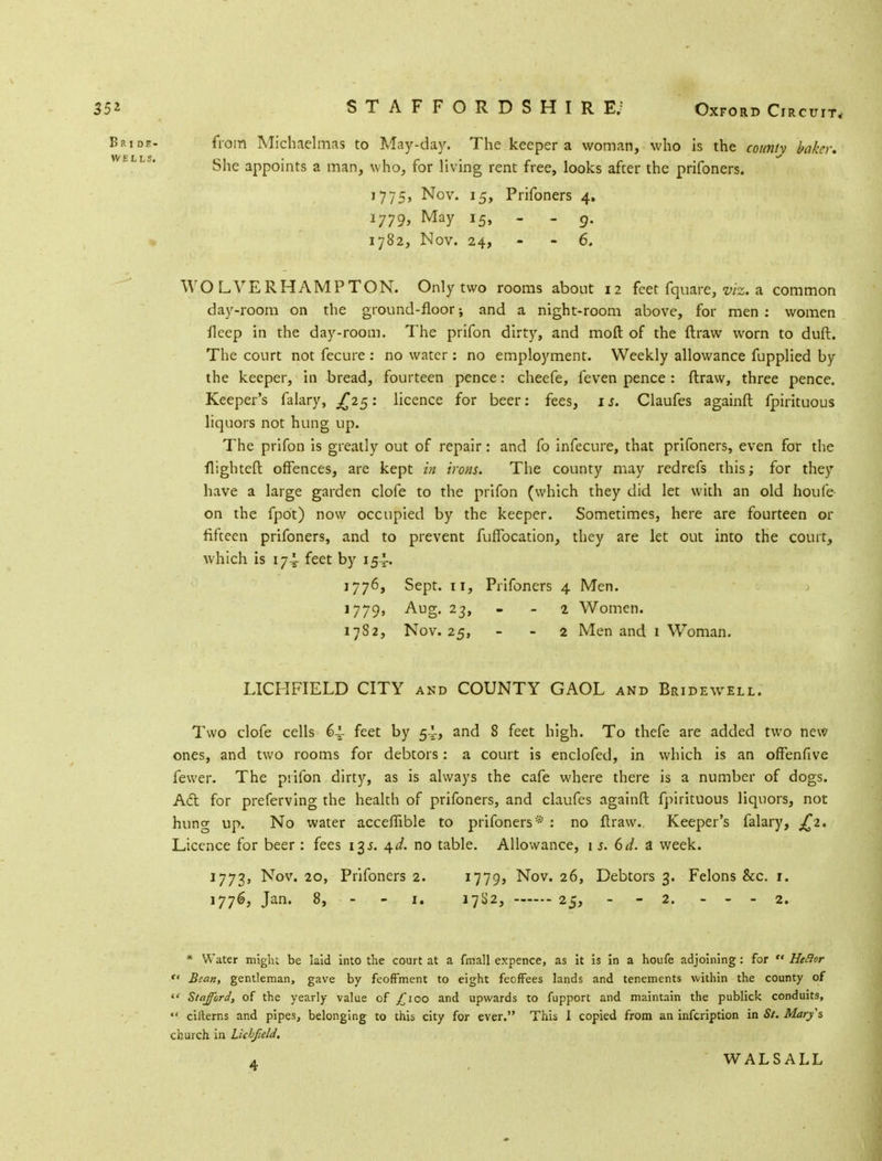 from Michaelmas to May-day. The keeper a woman, who is the county baker. She appoints a man, who, for living rent free, looks after the prifoners. 1775, Nov. 15, Prifoners 4, 1779, May 15, - - g. 1782, Nov. 24, 6. WOLVERHAMPTON. Only two rooms about 12 feet fquare, viz. a common day-room on the ground-floor; and a night-room above, for men: women fleep in the day-room. The prifon dirty, and moft of the draw worn to dull. The court not fecure : no water: no employment. Weekly allowance fupplied by the keeper, in bread, fourteen pence: cheefe, feven pence : ftraw, three pence. Keeper's falary, ^25: licence for beer: fees, is. Claufes againft fpirituous liquors not hung up. The prifon is greatly out of repair: and fo infecure, that prifoners, even for the flighteft offences, are kept in irons. The county may redrefs this; for they have a large garden clofe to the prifon (which they did let with an old houle on the fpot) now occupied by the keeper. Sometimes, here are fourteen or fifteen prifoners, and to prevent fuffocation, they are let out into the court, which is 174- feet by 154-. 1776, Sept. 11, Prifoners 4 Men. 1779, Aug. 23, 2 Women. 1782, Nov. 25, 2 Men and 1 Woman. LICHFIELD CITY and COUNTY GAOL and Bridewell. Two clofe cells 64 feet by 5-^-, and 8 feet high. To thefe are added two new ones, and two rooms for debtors: a court is enclofed, in which is an offenfive fewer. The prifon dirty, as is always the cafe where there is a number of dogs. Act for preferving the health of prifoners, and claufes againft fpirituous liquors, not hung up. No water acceffible to prifoners* : no flraw.. Keeper's falary, ^2. Licence for beer : fees 135. \d. no table. Allowance, 1 s. 6d. a week. 1773, Nov. 20, Prifoners 2. 1779, Nov. 26, Debtors 3. Felons &c. r. 1776, Jan. 8, - - 1. 17S2, 25, - - 2. ... 2. * Water might be laid into the court at a fmall expence, as it is in a houfe adjoining: for  HeSIor  Bean, gentleman, gave by feoffment to eight feoffees lands and tenements within the county of  Stafford, of the yearly value of £100 and upwards to fupport and maintain the publick conduits,  cilterns and pipes, belonging to this city for ever. This I copied from an infeription in St. Mary's church in Lichfeld. 4 WALSALL