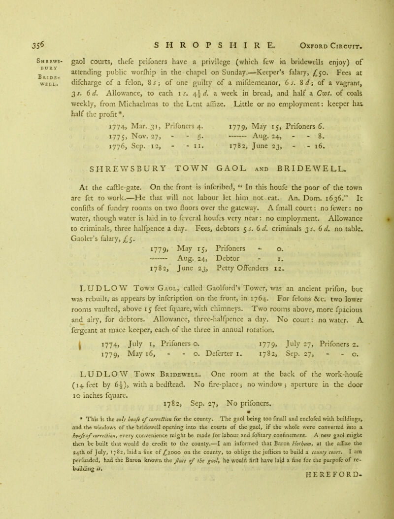 gaol courts, thefe prifoners have a privilege (which few in bridewells enjoy) of attending public worlhip in the chapel on Sunday.—Keeper's falary, £50. Fees at difcharge of a felon, 8 s ; of one guilty of a mifdemeanor, 6 s. 8 d; of a vagrant, 3 s. 6 d. Allowance, to each 1 s. 4^ d. a week in bread, and half a Cwi. of coals weekly, from Michaelmas to the Lent aflize. Little or no employment: keeper has, half the profit*. 1774, Mar. 31, Prifoners 4. 1779, May 15, Prifoners 6. 1775, Nov. 27, - - 5. Aug. 24, - - 8. 1776, Sep. 12, - - 11. 1782, June 23, - - 16. SHREWSBURY TOWN GAOL and BRIDEWELL. At the caftle-gate. On the front is infcribed,  In this houfe the poor of the town are fet to work.—He that will not labour let him not eat. An. Dom. 1636. It confifts of fundry rooms on two floors over the gateway. A fmall court: no fewer: no water, though water is laid in to feveral houfes very near: no employment. Allowance to criminals, three halfpence a day. Fees, debtors 5 s. 6 d. criminals 3 s. 6 d. no table. Gaoler's falary, £$. 1779, May 15, Prifoners - o. Aug. 24, Debtor - 1. 1782, June 23, Petty Offenders 12. LUDLOW Town Gaol, called Gaolford's Tower, was an ancient prifon, but was rebuilt, as appears by infeription on the front, in 1764. For felons &c. two lower rooms vaulted, above 15 feet fquare, with chimneys. Two rooms above, more fpacious and airy, for debtors. Allowance, three-halfpence a day. No court s no water. A fergeant at mace keeper, each of the three in annual rotation. 1774, July 1, Prifoners o. 1779, July 27, Prifoners 2. 1779, May 16, - o. Deferter 1. 1782, Sep. 27, - o. LUDLOW Town Bridxwell. One room at the back of the work-houfe (14 feet by 6^), with a bedftead. No fire-place; no window aperture in the door 10 inches fquare. 1782, Sep. 27, No prifoners. * This is the only houfe of correction for the county. The gaol being too fmall and enclofed with buildings, and the windows of the bridewell opening into the courts of the gaol, if the whole were converted into a houfeof correiliou, every convenience might be made for labour and folitary confinement. A new gaol might then be built that would do credit to the county.—I am informed that Baron Ho/ham, at the aflize the 24th of July, 1782, laid a fine of /2000 on the county, to oblige the juftices to build a county court. I am peifuaded, had the Baron known the fate of the gaol, he would firft have laid a fine for the purpofe of re- building it. HEREFORD. Shrews- bury Bride- well.