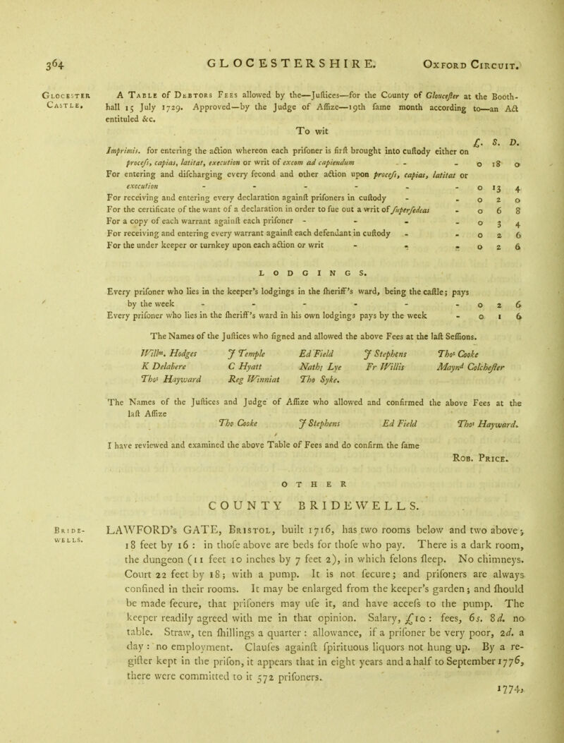 Glocester A Table of Debtors Fees allowed by the—Juftices—for the County of Gloticefter at the Booth- Castle, hall 15 July 1729. Approved—by the Judge of Aflize—19th fame month according to an Aft entituled &c. To wit - &ft . . '. U 'im^ii . £• s- *>■■ Imprimis, for entering the adtion whereon each prifoner is firft brought into cuftody either on procefs, capias, latitat, execution or writ of excom ad capiendum — _ 0180 For entering and difcharging every fecond and other action upon procefs, capias, latitat or execution - - - - - -0134 For receiving and entering every declaration againft prifoners in cuftody - -020 For the certificate of the want of a declaration in order to fue out a writ of fuperfedeas - 068 For a copy of each warrant againft each prifoner - - . -034 For receiving and entering every warrant againft each defendant in cuftody - -026 For the under keeper or turnkey upon each adlion or writ - - -026 LODGINGS. Every prifoner who lies in the keeper's lodgings in the ftieriff's ward, being thecaftle; pays by the week - - - - - -026 Every prifoner who lies in the ftierifPs ward in his own lodgings pays by the week - 016 The Names of the Juftices who figned and allowed the above Fees at the laft Seflions. TVilfr. Hodges J Temple Ed Field J Stephens Tho* Cooke K Delabere C Hyatt Nat hi Lye Fr Willis Mayn't Colchejler Tho5 Hayvjard Reg Winniat Tho Syke. The Names of the Juftices and Judge of Aflize who allowed and confirmed the above Fees at the laft Aflize Tho Cooke J Stephens Ed Field Tho* Hayward. I have reviewed and examined the above Table of Fees and do confirm the fame Rob. Price. other COUNTY BRIDEWELLS. Bride- LAWFORD's GATE, Bristol, built 1716, has two rooms below and two above•» 18 feet by 16 : in thofe above are beds for thofe who pay. There is a dark room, the dungeon (11 feet 10 inches by 7 feet 2), in which felons ileep. No chimneys. Court 22 feet by 18; with a pump. It is not fecure; and prifoners are always- confined in their rooms. It may be enlarged from the keeper's garden; and mould be made fecure, that prifoners may ufe it, and have accefs to the pump. The keeper readily agreed with me in that opinion. Salary, ^10 : fees, 6s. Zd, no table. Straw, ten millings a quarter : allowance, if a prifoner be very poor, <id. a day : no employment. Claufes againft fpirituous liquors not hung up. By a re- gifler kept in the prifon, it appears that in eight years and a half to September 1776, there were committed to it 572 prifoners. >774i.