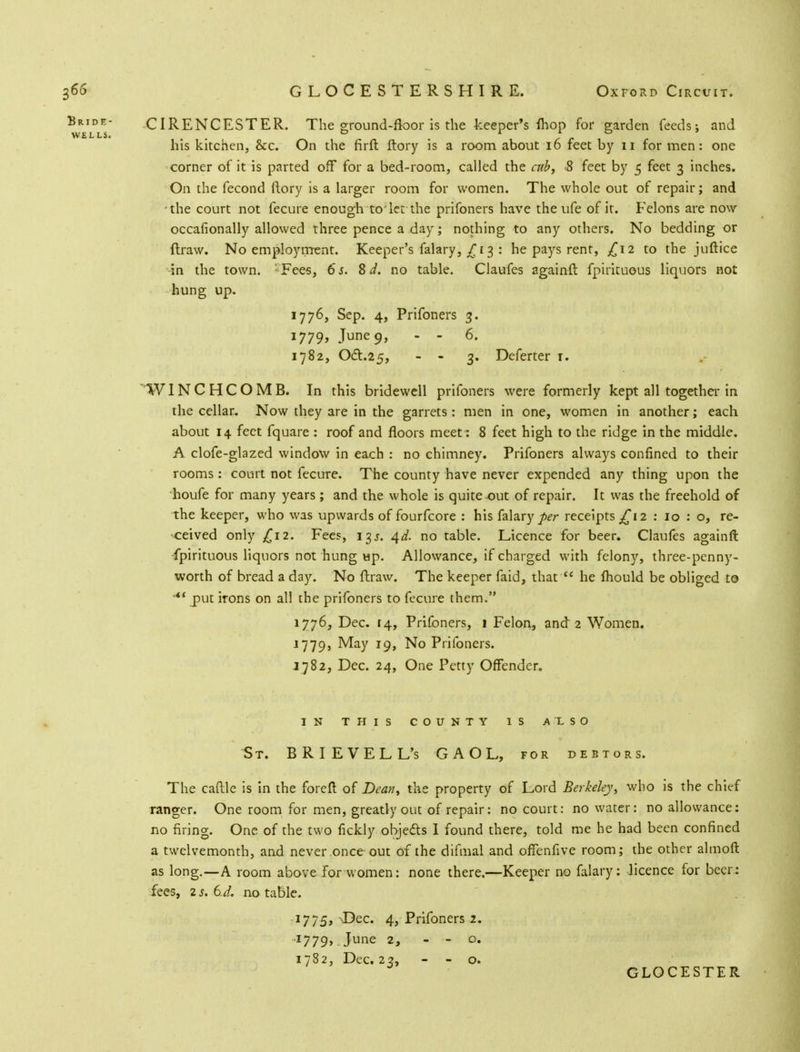 CIRENCESTER. The ground-floor is the keeper's Ihop for garden feeds; and his kitchen, &c. On the firft ftory is a room about 16 feet by n for men: one corner of it is parted off for a bed-room, called the cub, 8 feet by 5 feet 3 inches. On the fecond flory is a larger room for women. The whole out of repair; and the court not fecure enough to'let the prifoners have the ufe of it. Felons are now occasionally allowed three pence a day; nothing to any others. No bedding or ftraw. No employment. Keeper's falary, £13 : he pays rent, £12 to the juftice in the town. -Fees, 6s. 8 d. no table. Claufes againft fpirituous liquors not hung up. 1776, Sep. 4, Prifoners 3. 1779, June 9, - - 6. 1782, Oct.25, - - 3. Deferter 1. WINCHCOMB. In this bridewell prifoners were formerly kept all together in the cellar. Now they are in the garrets : men in one, women in another; each about 14 feet fquare : roof and floors meet : 8 feet high to the ridge in the middle. A clofe-glazed window in each : no chimney. Prifoners always confined to their rooms: court not fecure. The county have never expended any thing upon the houfe for many years ; and the whole is quite out of repair. It was the freehold of the keeper, who was upwards of fourfcore : his falary per receipts ^12 : 10 : o, re- ceived only £12. Fees, 13J. ^d. no table. Licence for beer. Claufes againft fpirituous liquors not hung up. Allowance, if charged with felony, three-penny- worth of bread a day. No ftraw. The keeper faid, that  he fliould be obliged to *' put irons on all the prifoners to fecure them. 1776, Dec. 14, Prifoners, 1 Felon, and 2 Women. 1779, May 19, No Prifoners. J782, Dec. 24, One Petty Offender. IN THIS COUNTY IS ALSO St. BRIEVELL's GAOL, for debtors. The cattle is in the foreft of Dean, the property of Lord Berkeley, who is the chief ranger. One room for men, greatly out of repair: no court: no water: no allowance: no firing. One of the two fickly objects I found there, told me he had been confined a twelvemonth, and never once out of the difmal and offenfive room; the other almoft as long.—A room above for women: none there.—Keeper no falary: licence for beer; fees, 2s.6d. notable. 1775, Dec. 4, Prifoners 2. I779> June 2* - - o. 1782, Dec. 22, - - o. GLOCESTER