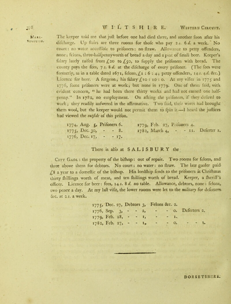 The keeper told me that jufl before one had died there, and another foon after his difcharge. Up flairs are three rooms for thofe who pay i s. 6 d. a week. No court: no water acccmblc to prifoners: no ftraw. Allowance to petty offenders, none; felons, three-halfpennyworth of bread a day and a pifit of fmali beer. Keeper's falary lately raifed from £20 to £50, to fupply the prifoners with bread. The county pays the fees, 7 s. 8 d. at the difcharge of every prifoner. (The fees were formerly, as in a table dated 1671, felons,^1 16:4} petty offenders, 14J. \d. &c.) Licence for beer. A furgeon; his falary £10 : 10 : o. At my vifits in 1775 and 1776, fome prifoners were at work; but none in 1779. One of them faid, with evident concern,  he had been there thirty weeks and had not earned one half- penny. In 1782, no employment. On afking the prifoners, if they defired to work; they readily anfwered in the affirmative. Two faid, their wives had brought them wool,, but the keeper would not permit them to fpin it.—I heard the juftices had viewed the outfide of this prifon. 1774, Aug. £, Prifoners 6. 1779, Feb. 27, Prifoners 4. 1775, Dec.30, - 8. 1782, March 4, - - 11. Deferter 1. 1776, Dec. 17, - - 17. There is alfo at SALISBURY the City Gaol : the property of the bifhop: out of repair. Two rooms for felons, and three above them for debtors. No court: no water: no ftraw. The late gaoler paid £8 a year to a domeftic of the bifhop. His lordfhip fends to the prifoners at Chriftmas thirty fhillings worth of meat, and ten fhillings worth of bread. Keeper, a fherifFs officer. Licence for beer: fees, \\s. 8 d. no table. Allowance, debtors, none: felons, two pence a day. At my laft vifit, the lower rooms were let to the military for deferters; &c. at 2 j. a week. 1775, Dec. 27, Debtors 3, Felons &c. 2. 1776, Sep. 3, - - 2, - - o. Deferters 2. 1779, Feb. 28, - - 1, - - 1. 1782, Feb. 27, - - i, - - q. - I*. DORSETSHIRE