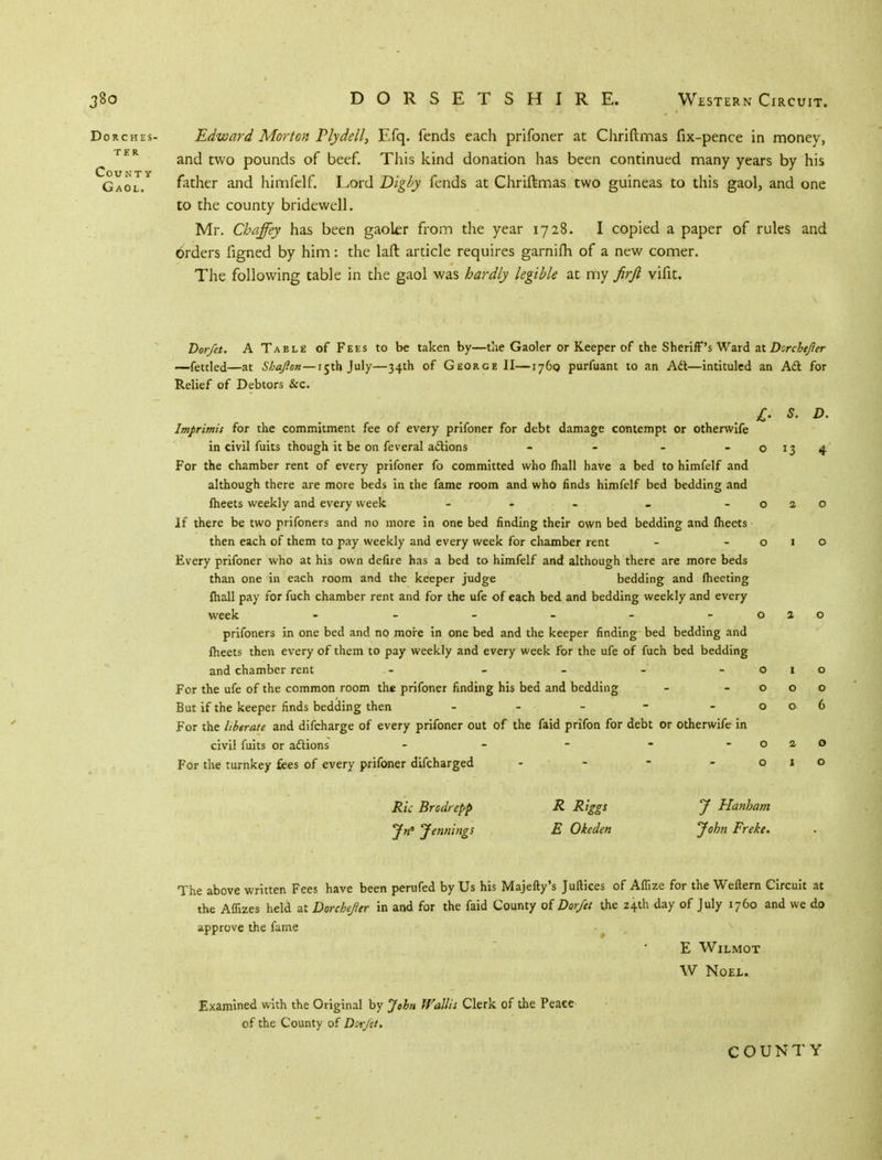 Dorches- Edward Morton Plydell, Efq. fends each prifoner at Chriftmas fix-pence in money, TER and two pounds of beef. This kind donation has been continued many years by his Gaol/ father and himfelf. Lord Digby fends at Chriftmas two guineas to this gaol, and one to the county bridewell. Mr. Chaffey has been gaokr from the year 1728. I copied a paper of rules and orders figned by him: the laft article requires garnilTi of a new comer. The following table in the gaol was hardly legible at my firft vifit. Dor/et. A Table of Fees to be taken by—the Gaoler or Keeper of the Sheriff's Ward at Dorchejler —fettled—at Shajlon—15th July—34th of George II—1760 purfuant to an Aft—intituled an Aft for Relief of Debtors &c. Imprimis for the commitment fee of every prifoner for debt damage contempt or otherwife in civil fuits though it be on feveral actions - - - - o For the chamber rent of every prifoner fo committed who fhall have a bed to himfelf and although there are more beds in the fame room and who finds himfelf bed bedding and fheets weekly and every week - - - _ -0 If there be two prifoners and no more in one bed finding their own bed bedding and meets then each of them to pay weekly and every week for chamber rent - o Every prifoner who at his own defire has a bed to himfelf and although there are more beds than one in each room and the keeper judge bedding and meeting fhall pay for fuch chamber rent and for the ufe of each bed and bedding weekly and every week - - - - - o prifoners in one bed and no more in one bed and the keeper finding bed bedding and fheets then every of them to pay weekly and every week for the ufe of fuch bed bedding and chamber rent -- - - - - o For the ufe of the common room the prifoner finding his bed and bedding - o But if the keeper finds bedding then - ... - o For the liberate and difcharge of every prifoner out of the faid prifon for debt or otherwife in civil fuits or actions - - - - - o For the turnkey fees of every prifoner difcharged o Ric Brodrepp R Riggs J Hanham Jn Jennings E Okeden John Freke. £. S. D. The above written Fees have been perufed by Us his Majefty's Juftices of Aflize for the Weflern Circuit at the Affizes held at Dorchepr in and for the faid County of Dor/et the 24th day of July 1760 and we do approve the fame E WlLMOT W Noel. Examined with the Original by John Walln Clerk of the Peace of the County of Dor/et. COUNTY
