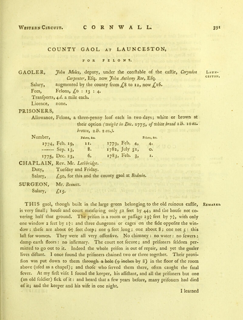 COUNTY GAOL at LAUNCESTON, FOR FELONS. GAOLER, John Mules, deputy, under the conftable of the caftle, Coryndon Laun- Carpenter, Efq. now John Anthony Roe, Efq. ceston. Salary, augmented by the county from ^8 to 12, now £16, Fees, Felons, £0 : 13 : 4. Tranfports, \d. a mile each. Licence, none. PRISONERS, Allowance, Felons, a three-penny loaf each in two days; white or brown at their option (weight m Dec. 1775, of white head lib. 10 as. brozvn, 2 lb. 2 oz.J. Number, Felons, &e. Felons, &c. 1774, Feb. 19, 11. 1779, Feb. 4, 4. Sep. 13, 8. 1782, July 31, o. 1775, Dec. 23, 6. 1783, Feb. 3, 1. CHAPLAIN, Rev. Mr. Lethbridge. Duty, Tuefday and Friday. Salary, £50, for this and the county gaol at Bodmin. SURGEON, Mr. Bennett. Salary, £15. THIS gaol, though built in the large green belonging to the old ruinous caftle, Remarks. is very fmall; houfe and court meafuring only 52 feet by 44; and the houfe not co- vering half that ground. The prifon is a room or paffage 23-7 feet by 7-5-, with only one window 2 feet by if: and three dungeons or cages on the fide oppofite the win- dow : thefe are about 6f feet deep; one 9 feet long; one about 8 ; one not 5 : this laft for women. They were all very offenfive. No chimney : no water : no fewers : damp earth floors: no infirmary. The court not fecure; and prifoners feldom per- mitted to go out to it. Indeed the whole prifon is out of repair, and yet the goaler lives diftant. I once found the prifoners chained two or three together. Their provi- fion was put down to them through a hole (9 inches by 8) in the floor of the room above (uled as a chapel); and thofe who ferved them there, often caught the fatal fever. At my firft vifit I found the keeper, his affiftant, and all the prifoners but one (an old foldier) fick of it: and heard that a few years before, many prifoners had died of it; and the keeper and his wife in one night. I learned