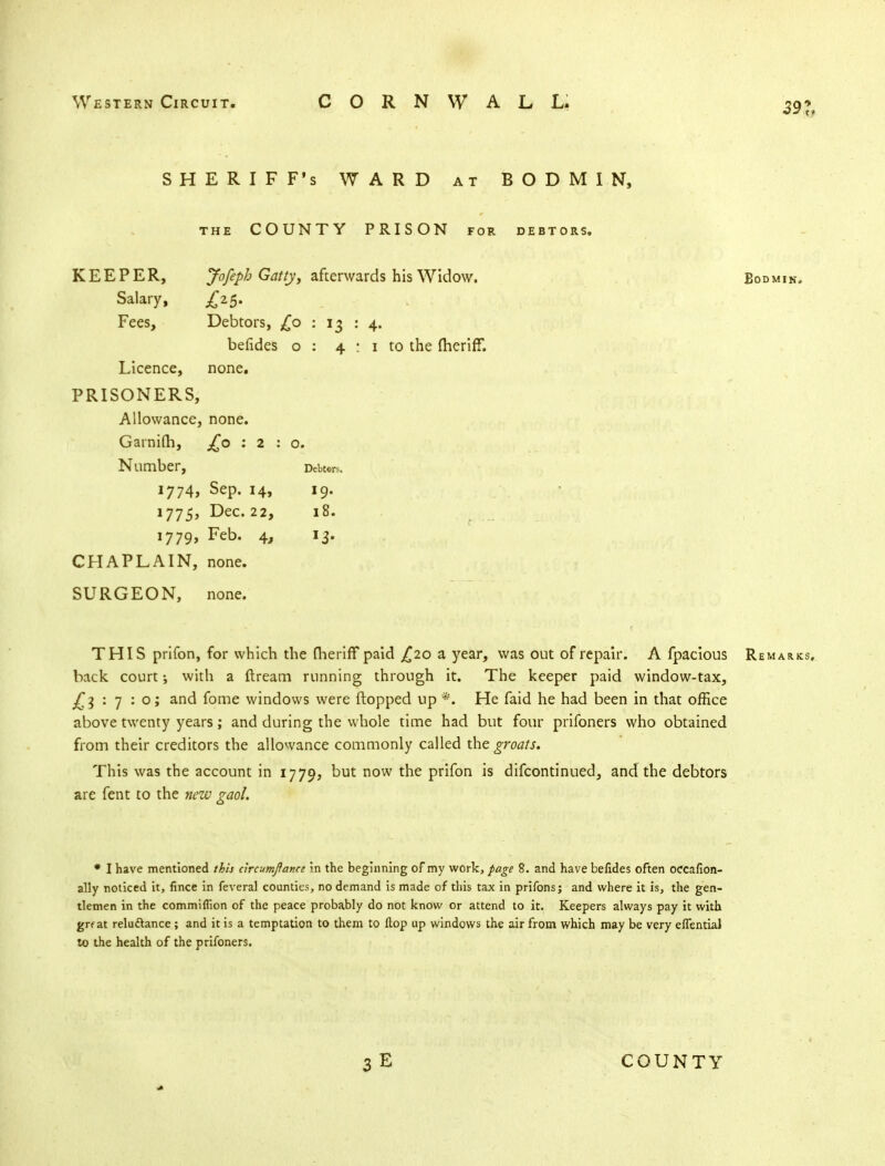 39?, SHERIFF'S WARD at BODMIN, the COUNTY PRISON for debtors. KEEPER, Jofeph Gatty, afterwards his Widow. Bodmin. Salary, £25. Fees, Debtors, £0 : 13 : 4. befides o : 4 ; 1 to the fheriff. Licence, none. PRISONERS, Allowance, none. Garnifti, £0 : 2 : o. Number, Debtors. 1774, Sep. 14, 19. 1775, Dec. 22, 18. 1779, Feb. 4, 13. CHAPLAIN, none. SURGEON, none. THIS prifon, for which the fherifT paid £20 a year, was out of repair. A fpacious Remarks, back court i with a ftream running through it. The keeper paid window-tax, £ l : 7 : o; and fome windows were flopped up *. He faid he had been in that office above twenty years; and during the whole time had but four prifoners who obtained from their creditors the allowance commonly called the groats. This was the account in 1779, but now the prifon is difcontinued, and the debtors are fent to the new gaol. * I have mentioned this drcumjfanee in the beginning of my work, page 8. and have belides often oecafion- ally noticed it, fince in feveral counties, no demand is made of this tax in prifons; and where it is, the gen- tlemen in the commiflion of the peace probably do not know or attend to it. Keepers always pay it with grf at reluftance ; and it is a temptation to them to flop up windows the air from which may be very effential to the health of the prifoners. COUNTY