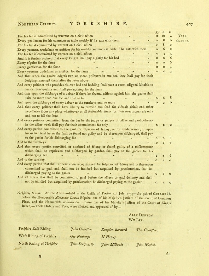 £. s. D. For his fee if committed by warrant on a civil aftion - - - o 10 4 York. Every gentleman for his commons at table weekly if he eats with them - - 080 Castle. For his fee if committed by warrant on a civil aftion - - -080 Every yeoman, tradefman or artificer for his weekly commons at table if he eats with them 068 For his fee if committed by warrant on a civil aclion - - -034 And it is further ordered that every knight (hall pay nightly for his bed - -006 Every efquire for the fame - - - « - 006 Every gentleman for the fame - • - - -004 Every yeoman tradefman or artificer for the fame - - - -002 And that when the gaoler lodgeth two or more prifoners in one bed they fhall pay for their lodgings amongft them after the rates above And every prifoner who provides his own bed and bedding fhall have a room afligned fuitable to his or their quality and fhall pay nothing for the fame And that upon the difcharge of a debtor if there be feveral attions againfi: him the gaoler fhall take no more than one fee and that to be - - -068 And upon the difcharge of every debtor to the turnkeys and no more - -020 And that every prifoner fhall have liberty to provide and fend for victuals drink and other necefTaries from any place whatfoever at all feafonable times for their own proper ufe only and not to fell the fame And every prifoner committed from the bar by the judge or judges of aflize and gaol delivery in the aflize week fhall pay for their commitment fee only - - o 2 O And every perfon committed to the gaol for fufpicion of felony, or for mifdemeanor, if upon his or her trial he or fhe fhall be found not guilty and be thereupon difcharged, fhall pay to the gaoler for his difcharging fee - - - -068 And to the turnkeys - - . _ -02© And that every perfon convicted or attainted of felony or found guilty of a mifdemeanor which fhall be reprieved and difcharged by pardon fhall pay to the gaoler for his difcharging fee - - . - - - - 076 And to the turnkey - - - - -020 And every perfon that fhall appear upon recognizance for fufpicion of felony and is thereupon committed to gaol and fhall not be indifted but acquitted by proclamation, fhall be difcharged paying to the gaoler - - - -020 And all others that fhall be committed to gaol before the aflizes or gaol-delivcry and fhall not be indifted but acquitted by proclamation be difcharged paying to the gaoler 020 Teripire, to wit. At the Aflizes—held at the Caftle of 2V/£—14th July 1735—the 9th of George II. before the Honourable Alexander Denton Efquire one of his Majefly's Juftices of the Court of Common Pleas, and the Honourable William Lee Efquire one of his Majefly's Juftices of the Court of King's Bench,—Thefe Orders and Fees, were allowed and approved of by— Alex Denton Wm Lee. Torkjhire Eaft Riding Weft Riding of Torkjhire North Riding of Torkjhire John Grimjlon Geo Nelthorpe John Dodfworth Ramfden Barnard N Hawey. John Milbanke Tho. Grimjlon. John JVaJlcll. 8 An