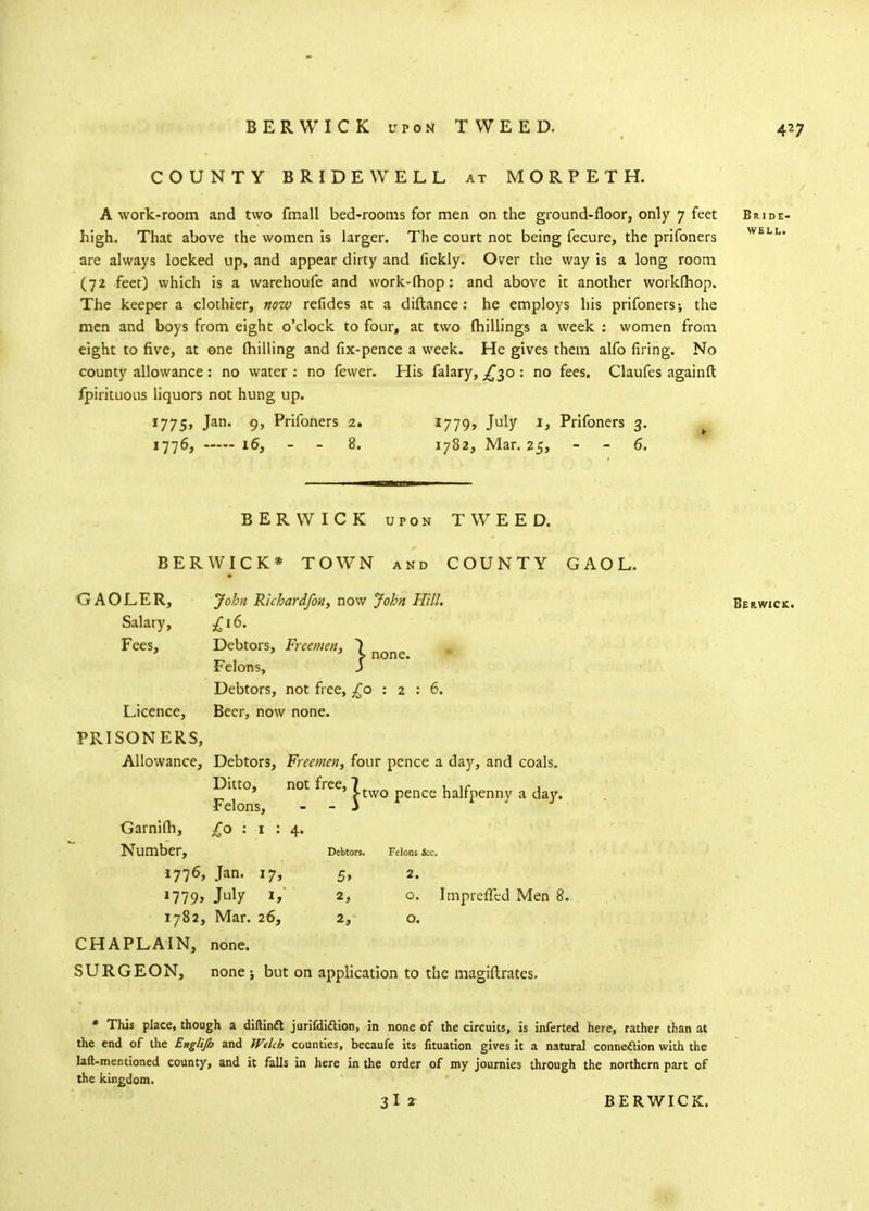 BERWICK upon TWEED. COUNTY BRIDEWELL at MORPETH. A work-room and two fmall bed-rooms for men on the ground-floor, only 7 feet Bride- high. That above the women is larger. The court not being fecure, the prifoners well. are always locked up, and appear dirty and fickly. Over the way is a long room (72 feet) which is a warehoufe and work-mop: and above it another workfhop. The keeper a clothier, now refides at a diftance: he employs his prifoners; the men and boys from eight o'clock to four, at two millings a week : women from eight to five, at one milling and fix-pence a week. He gives them alfo firing. No county allowance : no water : no fewer. His falary, ^30 : no fees. Claufes againfl fpirituous liquors not hung up. 1775, Jan. 9, Prifoners 2. 1779, July 1, Prifoners 3. 1776, i6} - - 8. 1782, Mar. 25, 6. BERWICK upon TWEED. BERWICK* TOWN and COUNTY GAOL. GAOLER, John Richard/on, now John Hill. Berwick. Salary, £l6- Fees, Debtors, Freemen, ~) 3 > none. Felons, J Debtors, not free, £0:2:6. Licence, Beer, now none. PRISONERS, Allowance, Debtors, Freemen, four pence a day, and coals. Ditto, not free, 7. 1 ir j „ ' J-two pence halrpennv a day. Felons, - - 5 * L ' y Garnilh, £0:1:4. Number, Debtors. Felons &c. 1776, Jan. 17, 5, 2. 1779, July *» 2> °- Impreffed Men 8. 1782, Mar. 26, 2, o. CHAPLAIN, none. SURGEON, none j but on application to the magiftrates. * This place, though a diftinft jurifdi&ion, in none of the circuits, is inferted here, rather than at the end of the Englijh and Welch counties, becaufe its fituation gives it a natural connexion with the laft-mentioned county, and it falls in here in the order of my journies through the northern part of the kingdom. 3I2 BERWICK.