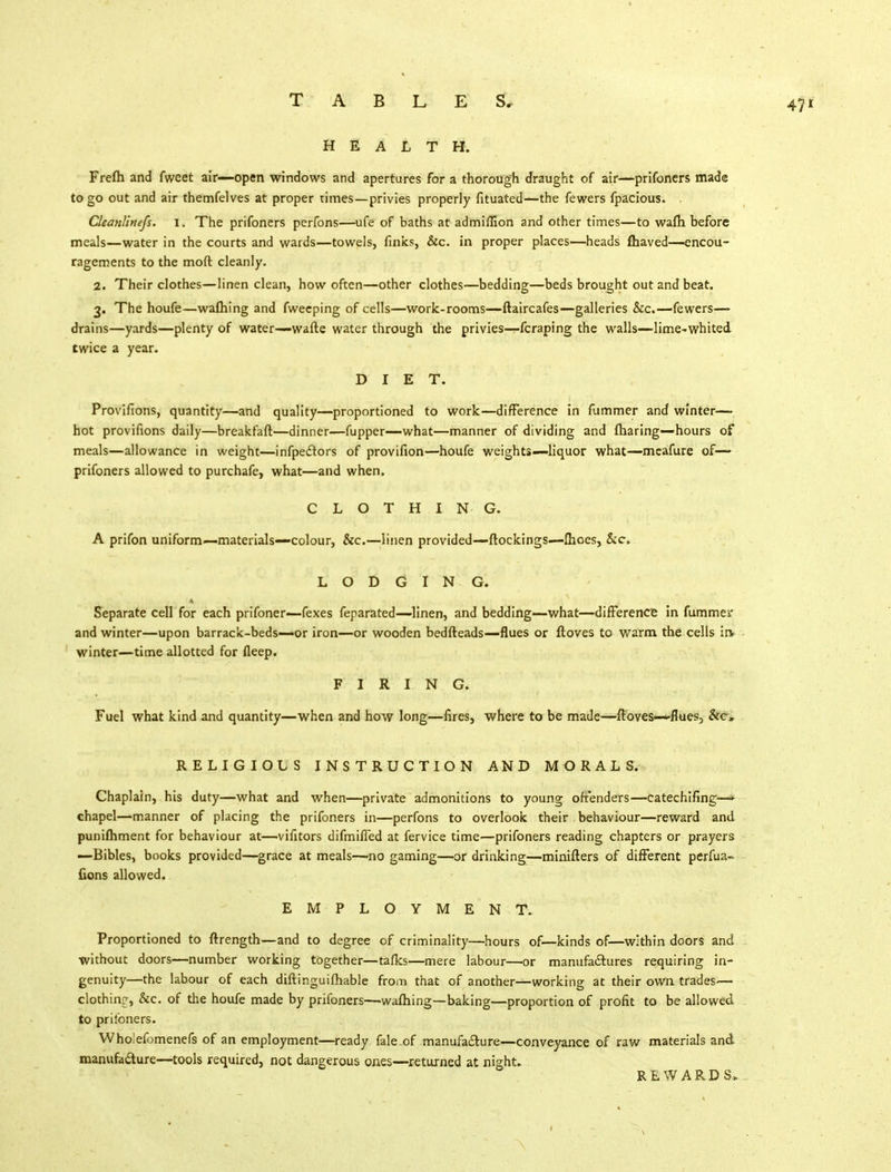 HEALTH. Frefh and fweet air—open windows and apertures for a thorough draught of air—prifoners made to go out and air themfelves at proper times—privies properly fituated—the fewers fpacious. . Cleanlinefs. I i The prifoners perfons—ufe of baths at admiffion and other times—to warn before meals—water in the courts and wards—towels, finks, &c. in proper places—heads fliaved—encou- ragements to the moft cleanly. 2. Their clothes—linen clean, how often—other clothes—bedding—beds brought out and beat. 3. The houfe—wafhing and fweeping of cells—work-rooms—ftaircafes—galleries &c.—fewers— drains—yards—plenty of water—wafte water through the privies—fcraping the walls—lime-whited twice a year. DIET. Provifions, quantity—and quality—proportioned to work—difference in fummer and winter— hot provifions daily—breakfaft—dinner—fupper—what—manner of dividing and fharing—hours of meals—allowance in weight—infpectors of provifion—houfe weights—liquor what—meafure of— prifoners allowed to purchafe, what—and when. CLOTHING. A prifon uniform—materials—colour, &c.—linen provided—ftockings—fhoes, &c, LODGING. Separate cell for each prifoner—fexes feparated—linen, and bedding—what—difference in fummei' and winter—upon barrack-beds—or iron—or wooden bedfteads—flues or ftoves to warm the cells in, winter—time allotted for fleep. FIRING. Fuel what kind and quantity—when and how long—fires, where to be made—ftoves—flues, &c, RELIGIOLS INSTRUCTION AND MORALS. Chaplain, his duty—what and when—private admonitions to young offenders—catechifing—* chapel—manner of placing the prifoners in—perfons to overlook their behaviour—reward and punifhment for behaviour at—vifitors difmiffed at fervice time—prifoners reading chapters or prayers —Bibles, books provided—grace at meals—-no gaming—or drinking—minifters of different perfua- fions allowed. EMPLOYMENT. Proportioned to ftrength—and to degree of criminality—hours of—kinds of—within doors and without doors—number working together—taflcs—mere labour—or manufactures requiring in- genuity—the labour of each diftinguifhable from that of another—working at their own trades— clothing, &c. of the houfe made by prifoners—warning—baking—proportion of profit to be allowed to prifoners. Wholefomenefs of an employment—ready fale of manufacture—conveyance of raw materials and manufacture—tools required, not dangerous ones—returned at night. REWARD S>